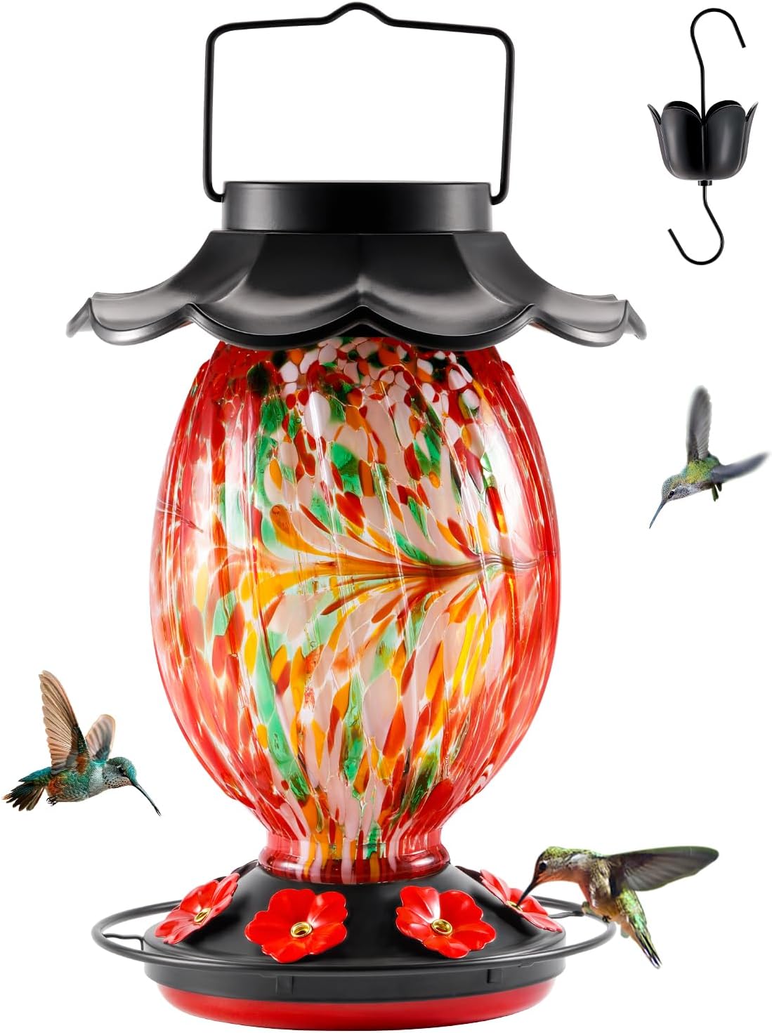 Solar Hummingbird Feeder - 49 fl.oz Hand Blown Glass Color Changing - 