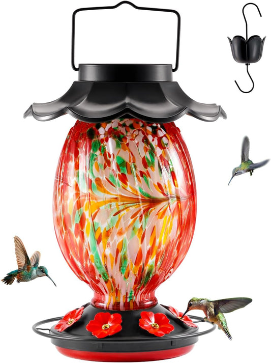 Solar Hummingbird Feeder - 49 fl.oz Hand Blown Glass Color Changing - 