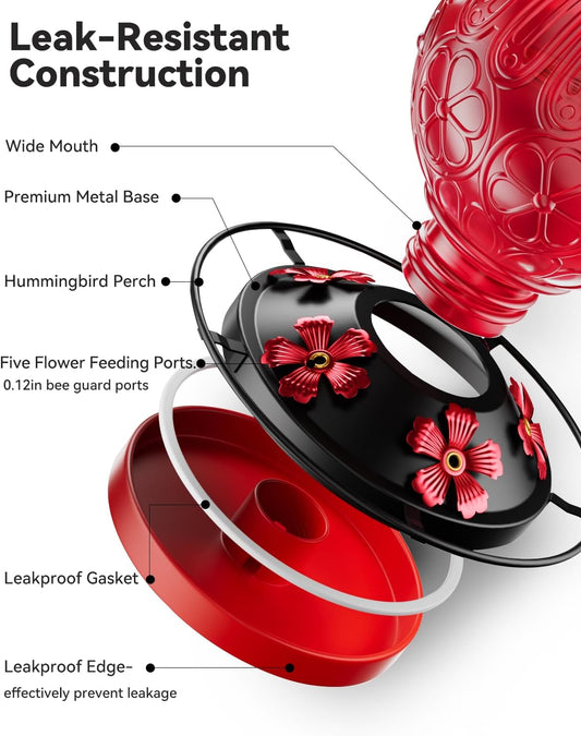 26Oz Hummingbird Feeder for Outdoors, Vintage Glass Bird Feeder with Perch, Durable & Easy to Clean, Hanging Nectar Feeder for Garden, Yard, Deck – Gift for Bird Lovers (Red)
