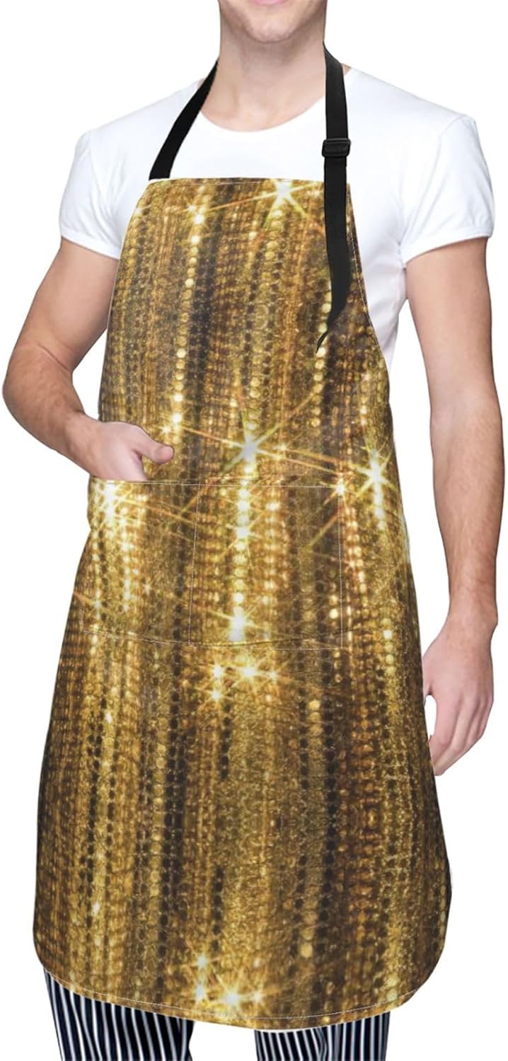 Gold Sequin Sparkle Print 28x33 In Adult Kitchen Apron with Pockets Versatile Chef Smock for Cooking Baking
