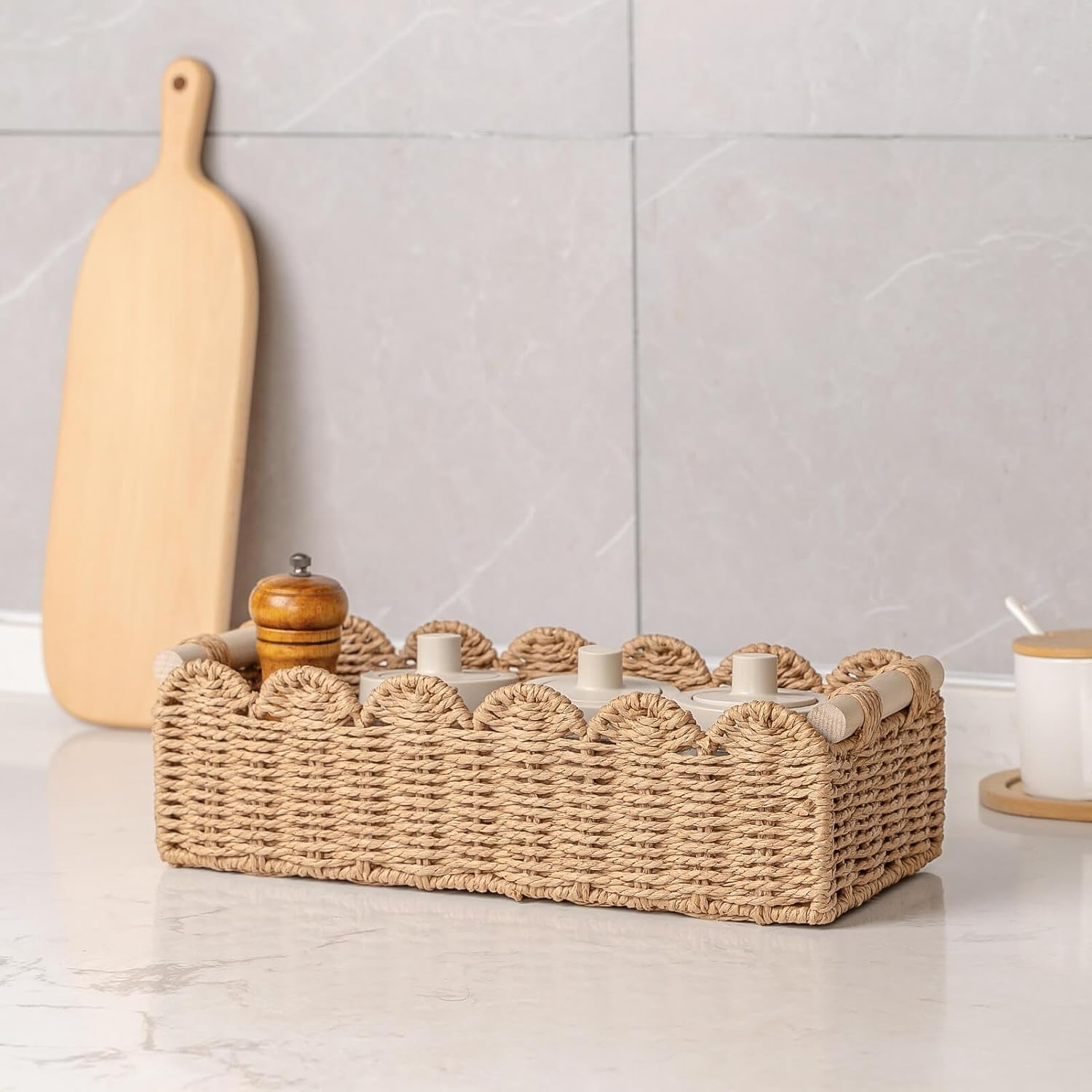 CubesLand Paper Rope Scalloped Edge Toilet Paper Storage Basket, Small