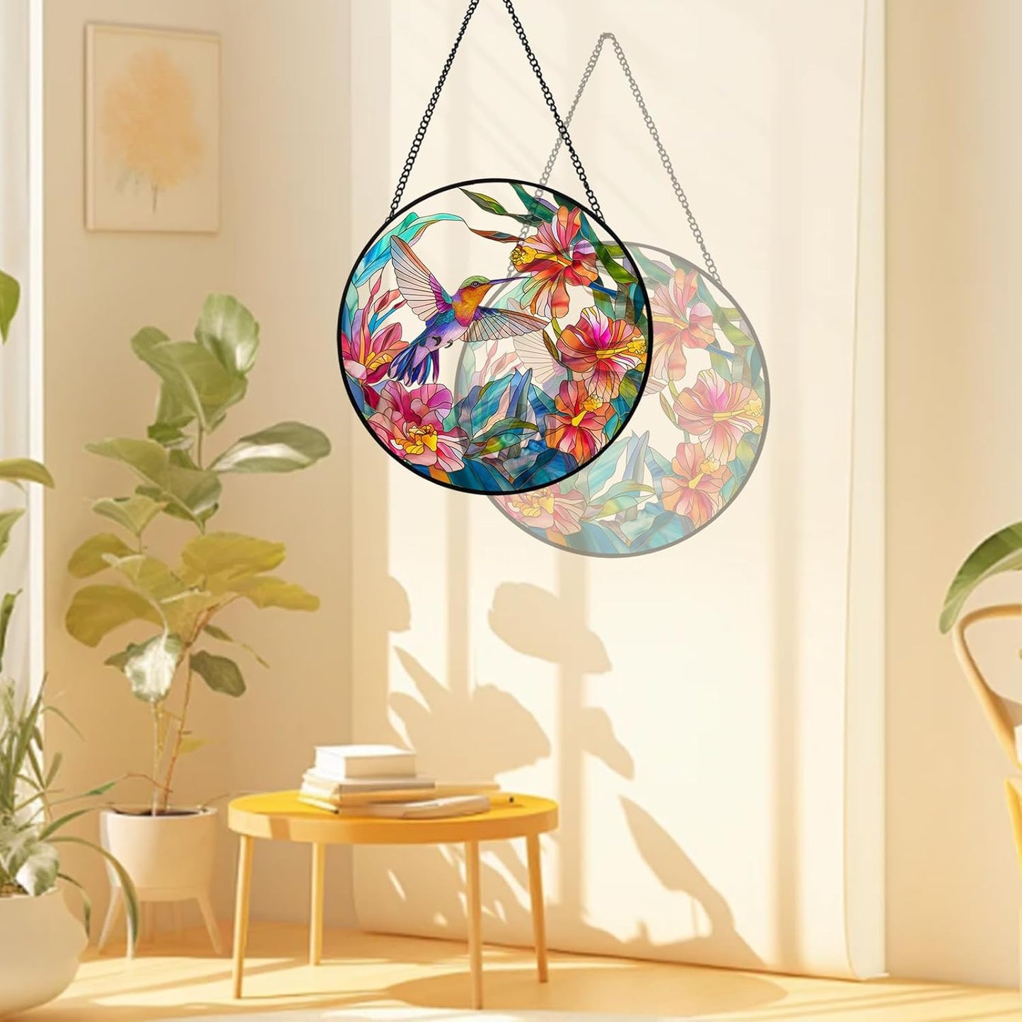 Hummingbird Stained Glass Suncatcher - 7.87" Real Glass Window Hanging with Metal Chain, for Indoor Outdoor Home Garden, Gift for Bird Lovers