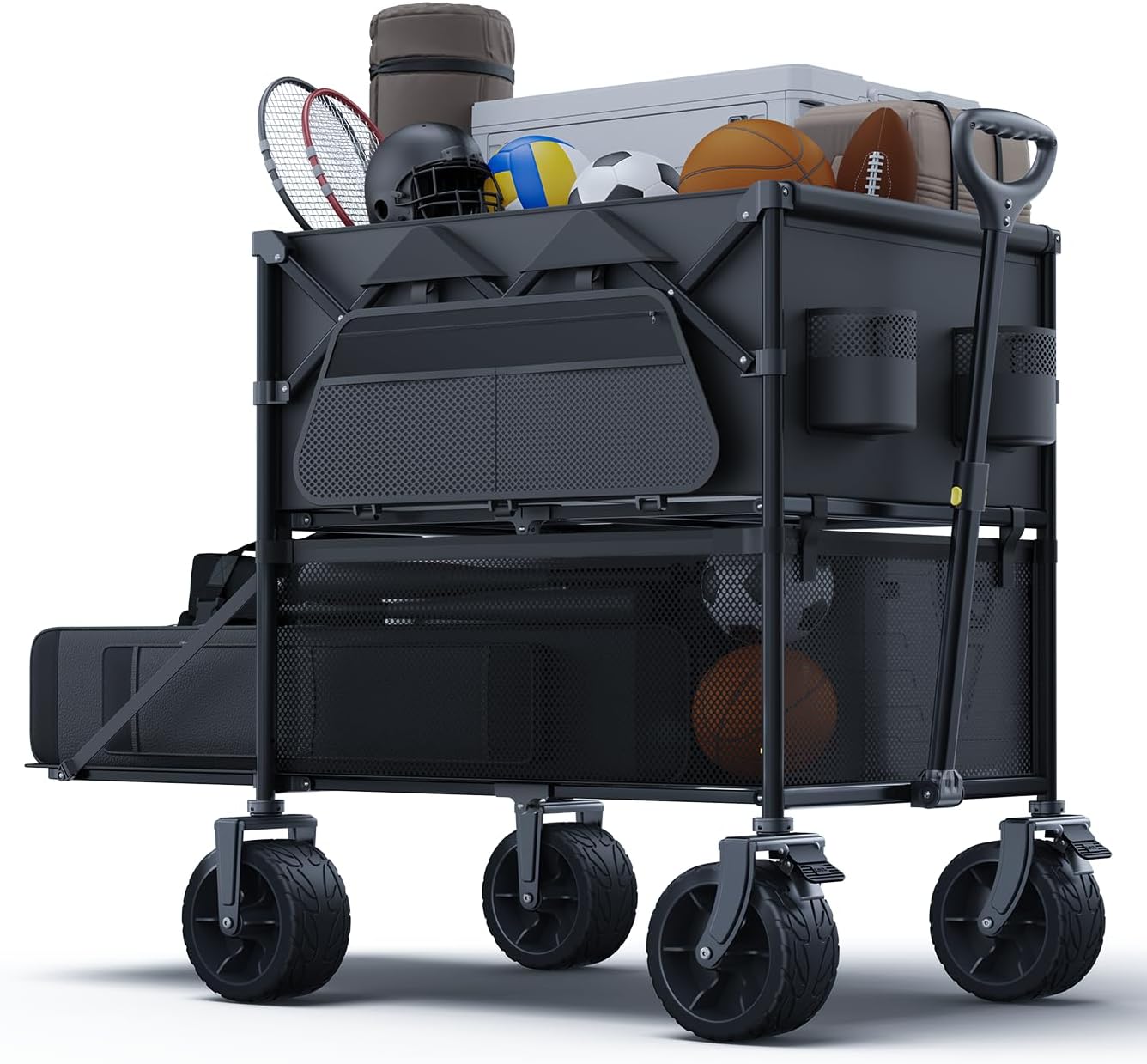 Foldable Wagon Cart,Everyfun 480Lbs Double Decker Wagon,Beach Carts with Big Wheels&Side Pocket&Dustbag,Large Capacity Folding Wagon for Shopping,Garden,Camping,Fish,New Wave Sports Wagon-Pure Black