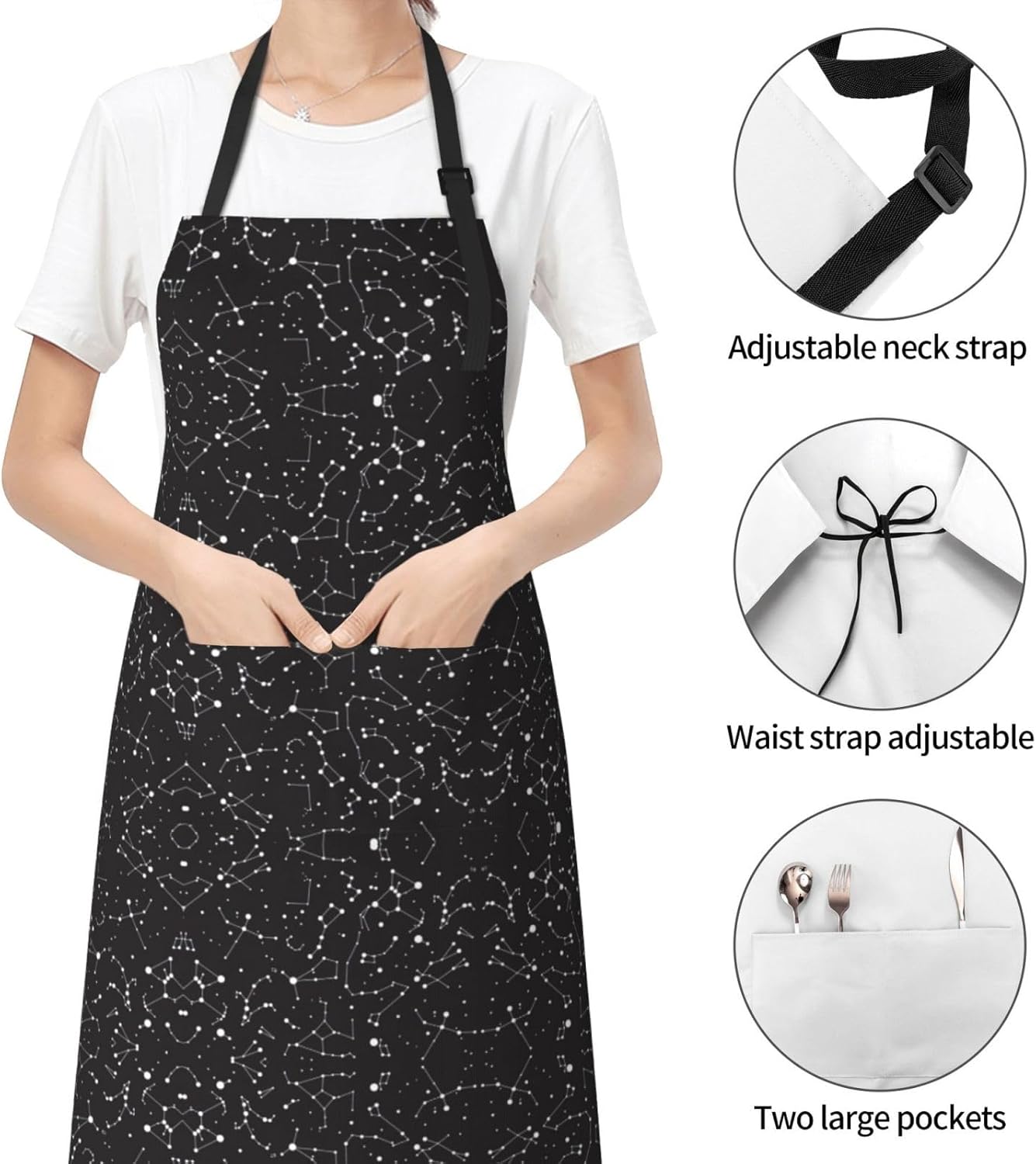 Starry divination constellation Print 28x33 In Adult Kitchen Apron with Pockets Versatile Chef Smock for Cooking Baking