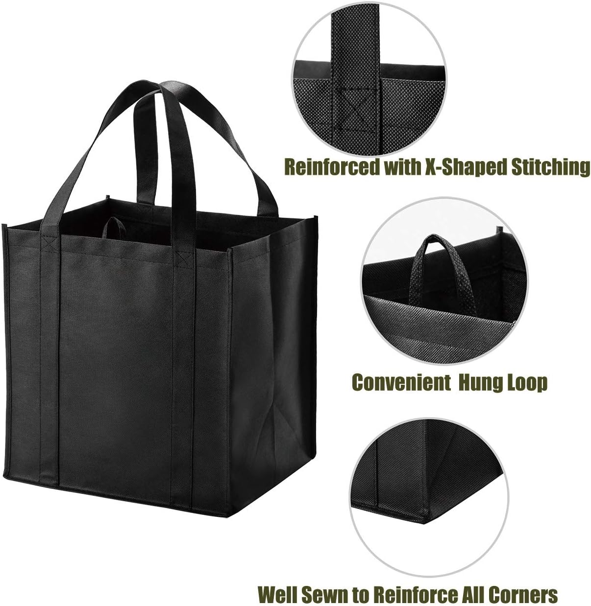 NERUB 10 Pack Reusable Reinforced Handle Grocery Bags - Heavy Duty Lar
