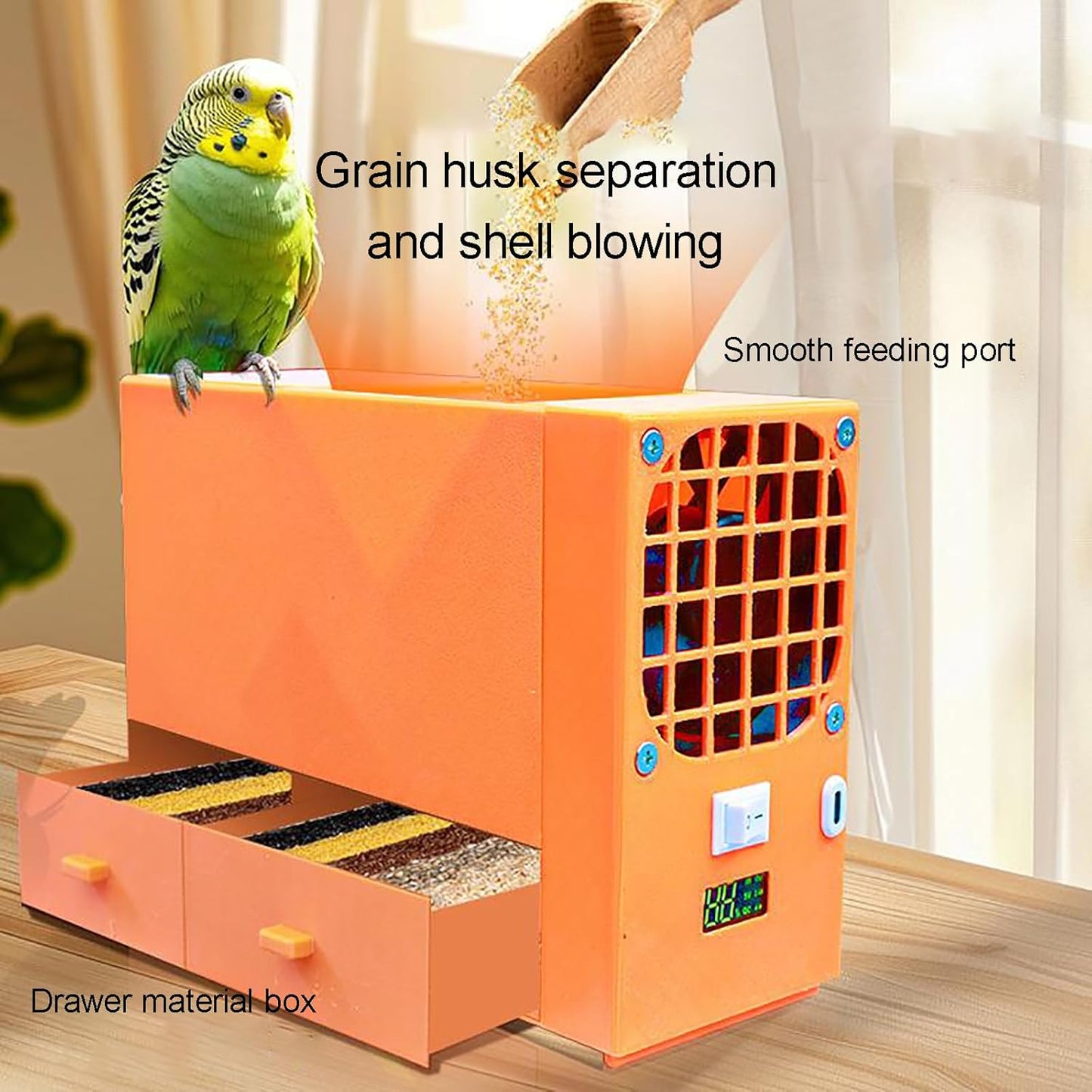 Bird Feed Blown Shell Splitter with Digital Indicator Light, Enlarged Feeding Port, Highly Efficient Interception of Tiny Particles, for Millet, Miscellaneous Grains