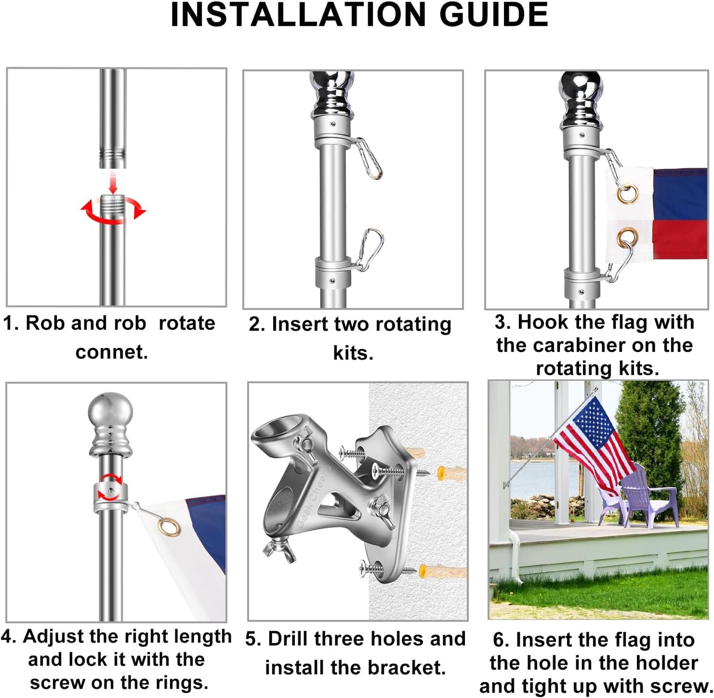 T304 Stainless Steel Heavy Duty Flag Pole Kit, 2 Positions for 1" Flag Poles Wall Mount House & Estate Flagpole Holder, Aluminum Alloy Flagpole Rings, Rust Free Flag Pole for House Yard