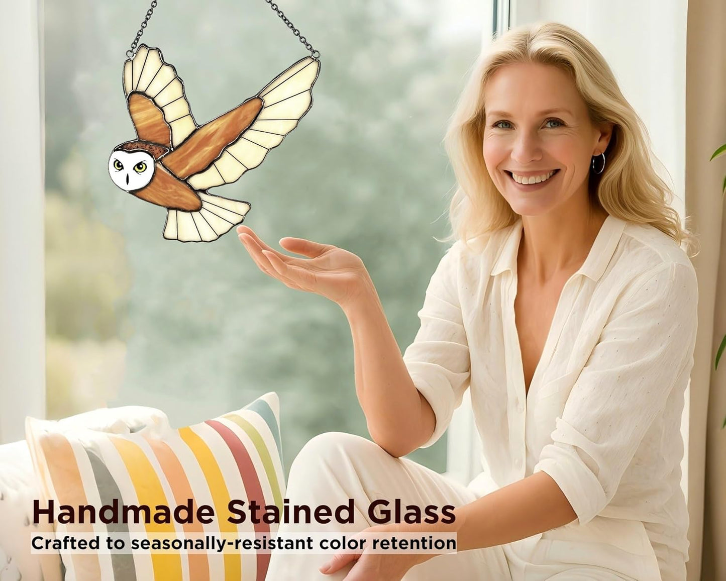 Halloween Owl Stained Glass Window Hanging for Women, Mom, Grandma - Handmade Real Glass Bird Suncatcher - Elegant Gifts Box Home Decor (H5.9xW6.3 inch)