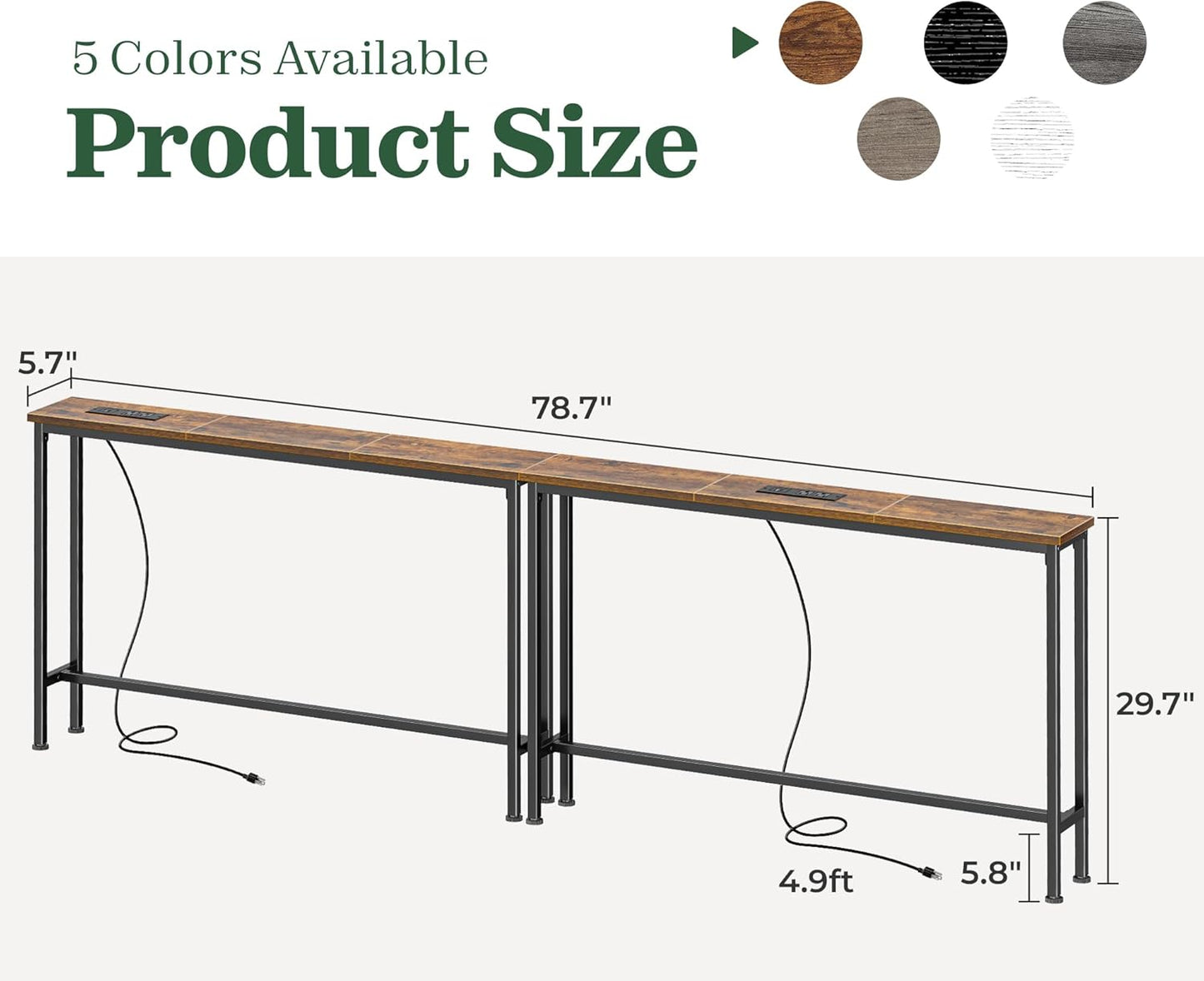 SUPERJARE 78.8 inch Narrow Console Table with Outlet, Sofa Tables, Behind Couch Table, Long Entryway Tables with Charging Station, for Living Room, Rustic Brown