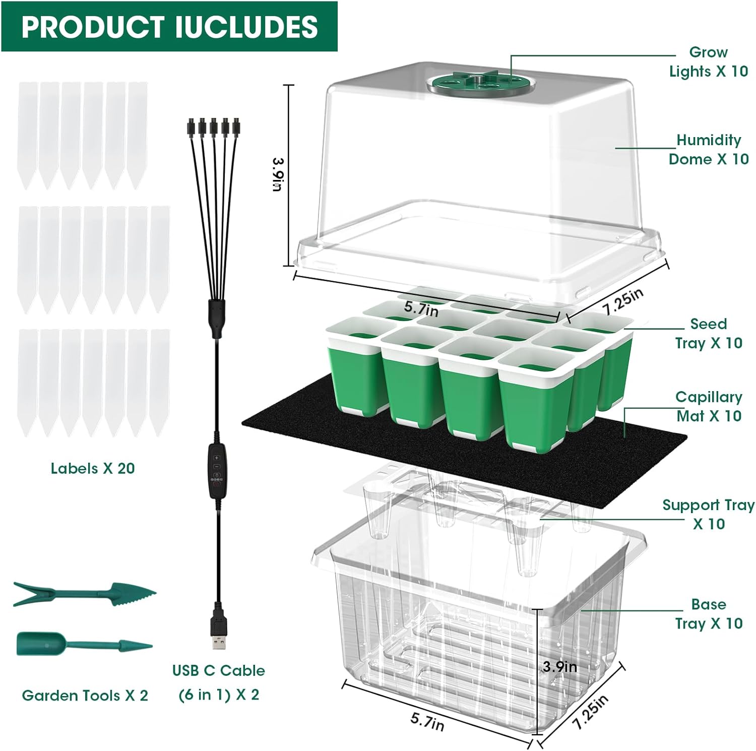 Self Watering Seed Starter Tray with Grow Light, 10-Pack 120-Cell Reus