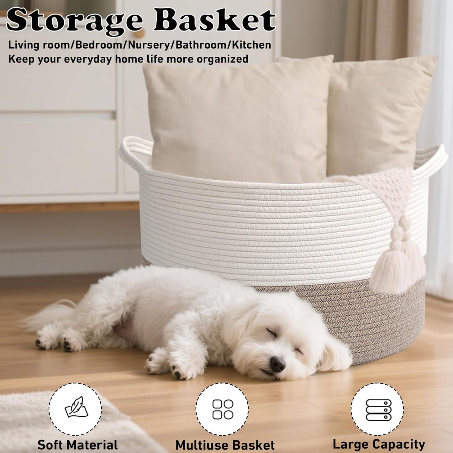 65L Large Blanket Basket,19.7" L x 19.7" W x 13" H Rope Woven Baskets 