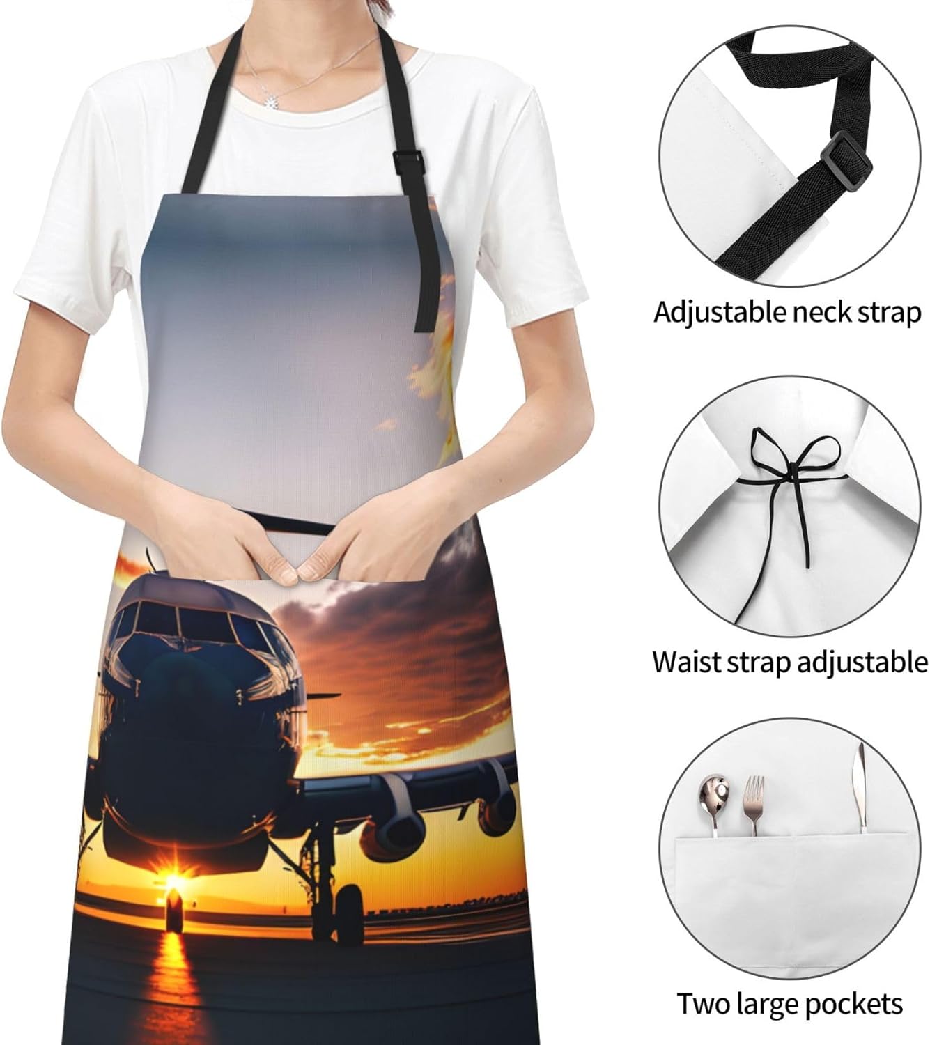 Aircraft Plane at Sunset Print Laundry apron 28x33 In Waterproof Kitchen Apron with Pockets for Cooking Baking
