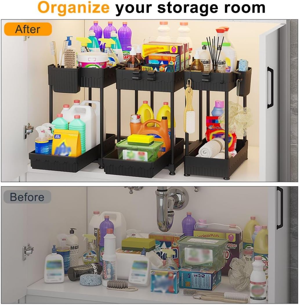 3 Pack Under Sink Organizers,2-Tier Multi-Use Kitchen and Bathroom Org