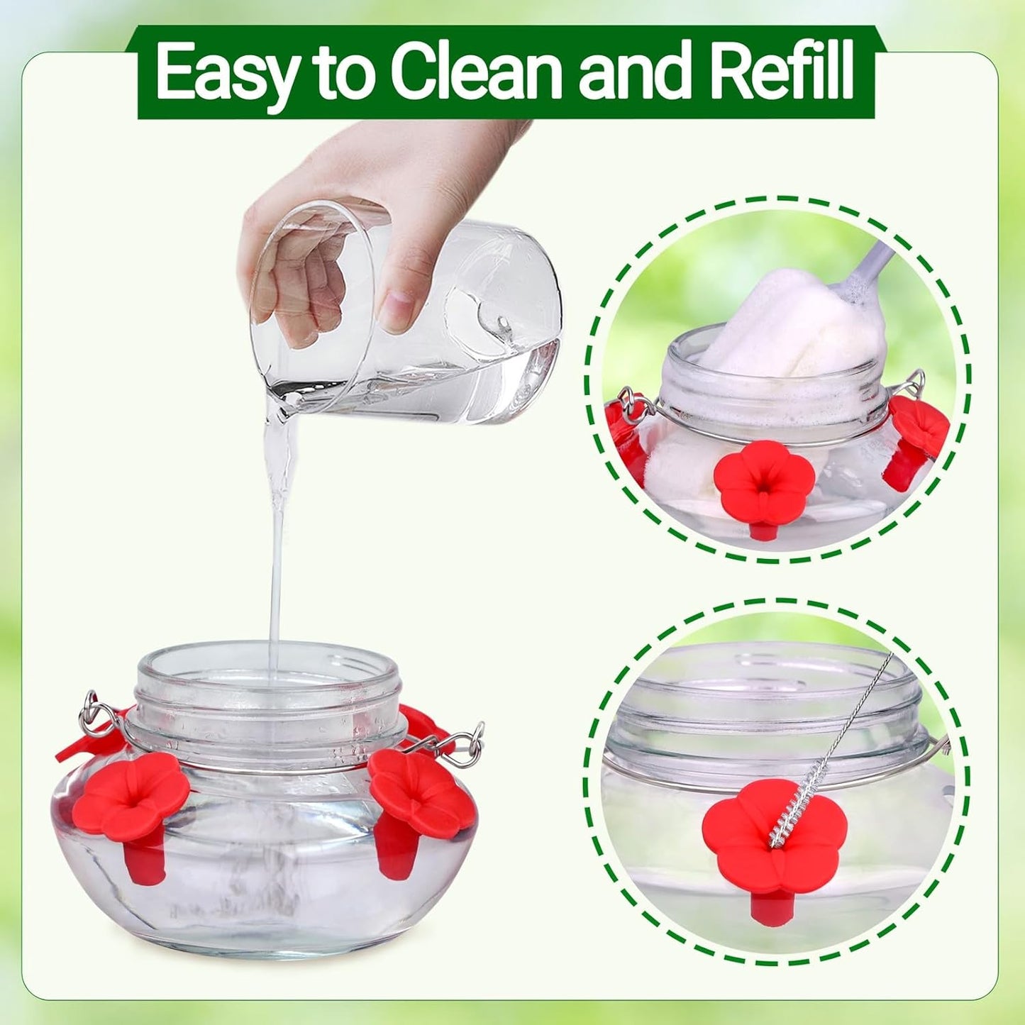 Glass Hummingbird Feeders for Outdoors Hanging, Cute Mason Jar Shape with 4 Silicone Flower Feeding Ports, Top Fill Leak Proof Easy to Clean and Refill, Humming Bird Feeder for Outside Garden
