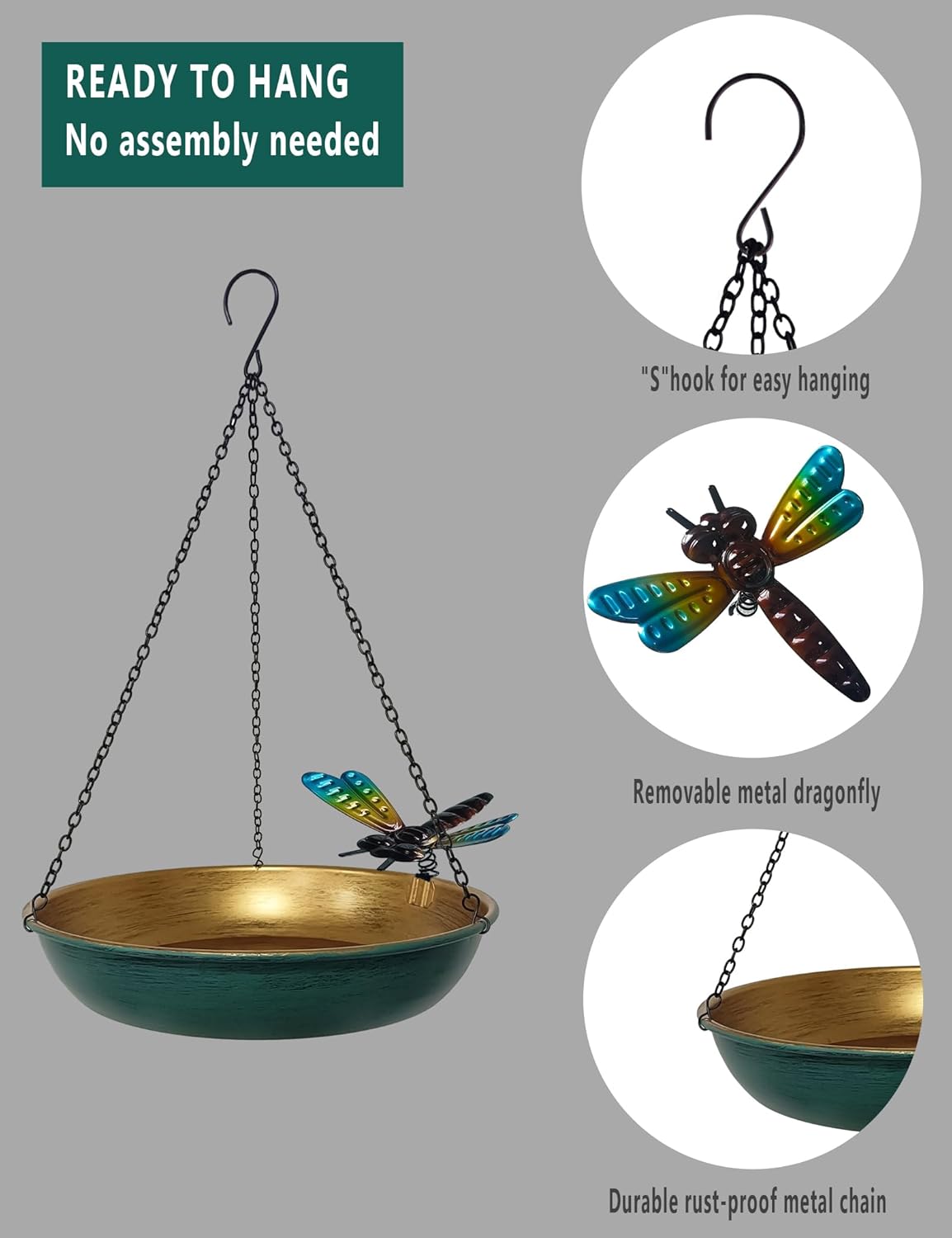 Hanging Birdbath Bird Feeder for Outdoor 11 Inch Green/Bronze Cute Met
