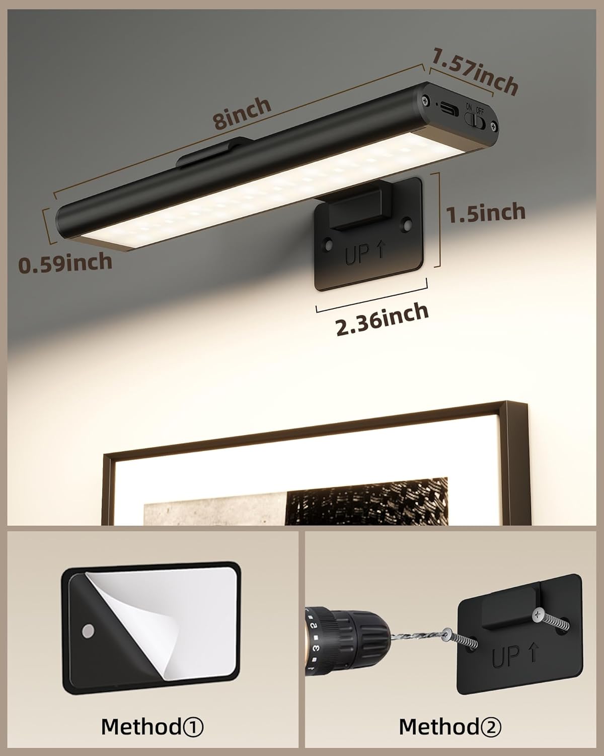 EZVALO Picture Light for Wall, Rechargeable 2400mAh Battery Lights Wireless Remote, 3 Color & Dimmable Magnetic 7.8'' LED Lights Display for Painting, Living Room, Gallery, Bedroom(Black-3P)