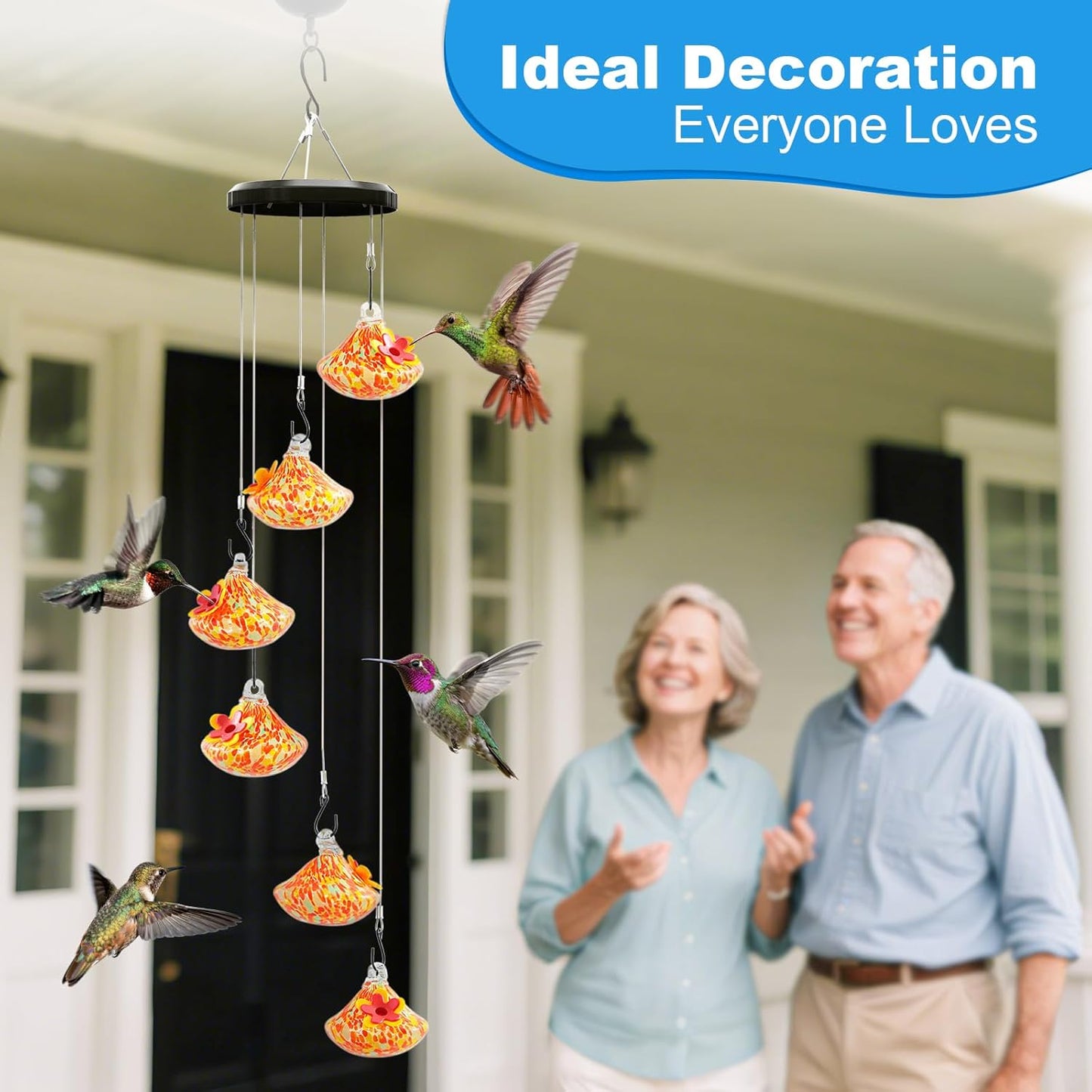 Wind Chime Glass Hummingbird Feeder - 20 Oz Outdoor Hanging Feeder wit