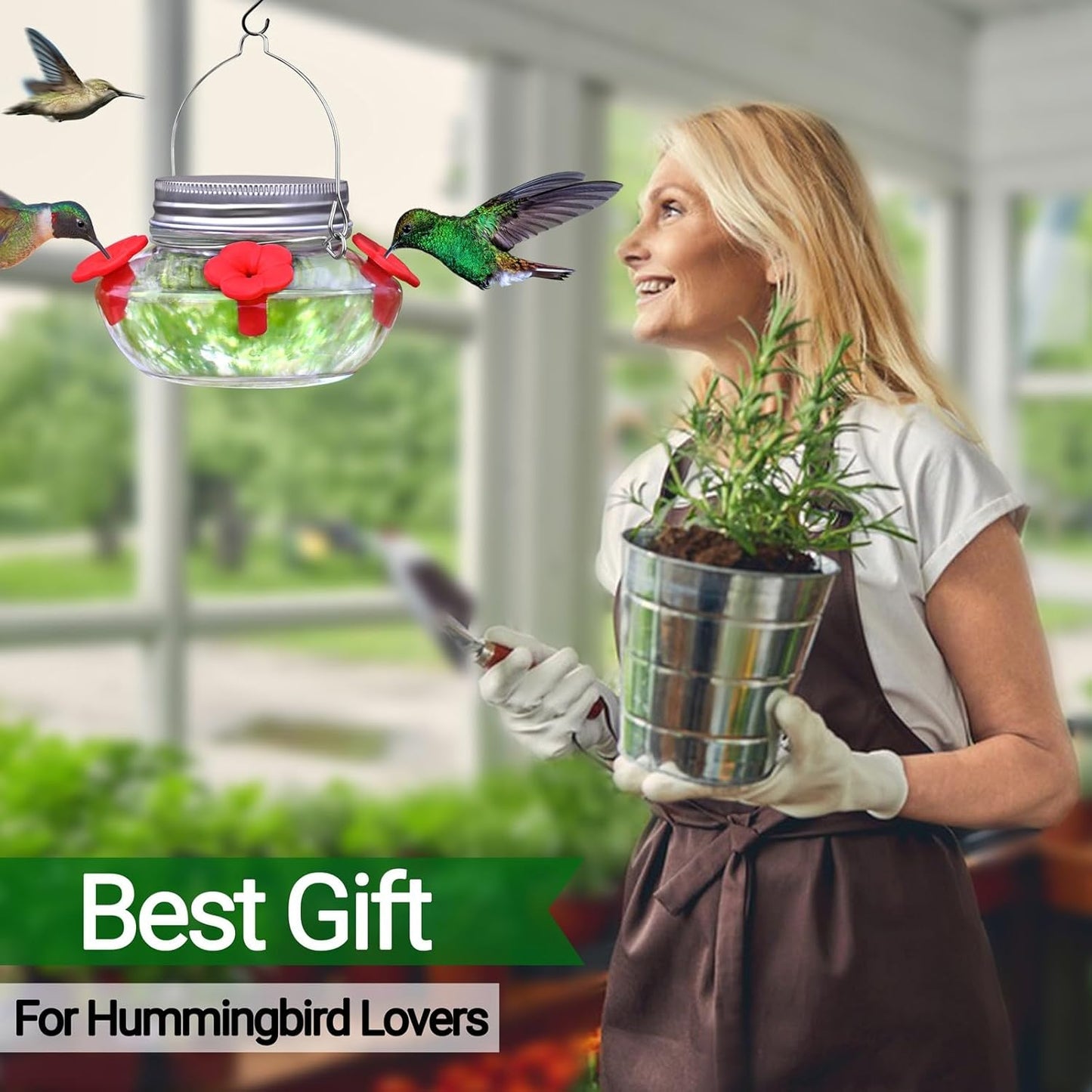 Glass Hummingbird Feeders for Outdoors Hanging, Cute Mason Jar Shape with 4 Silicone Flower Feeding Ports, Top Fill Leak Proof Easy to Clean and Refill, Humming Bird Feeder for Outside Garden