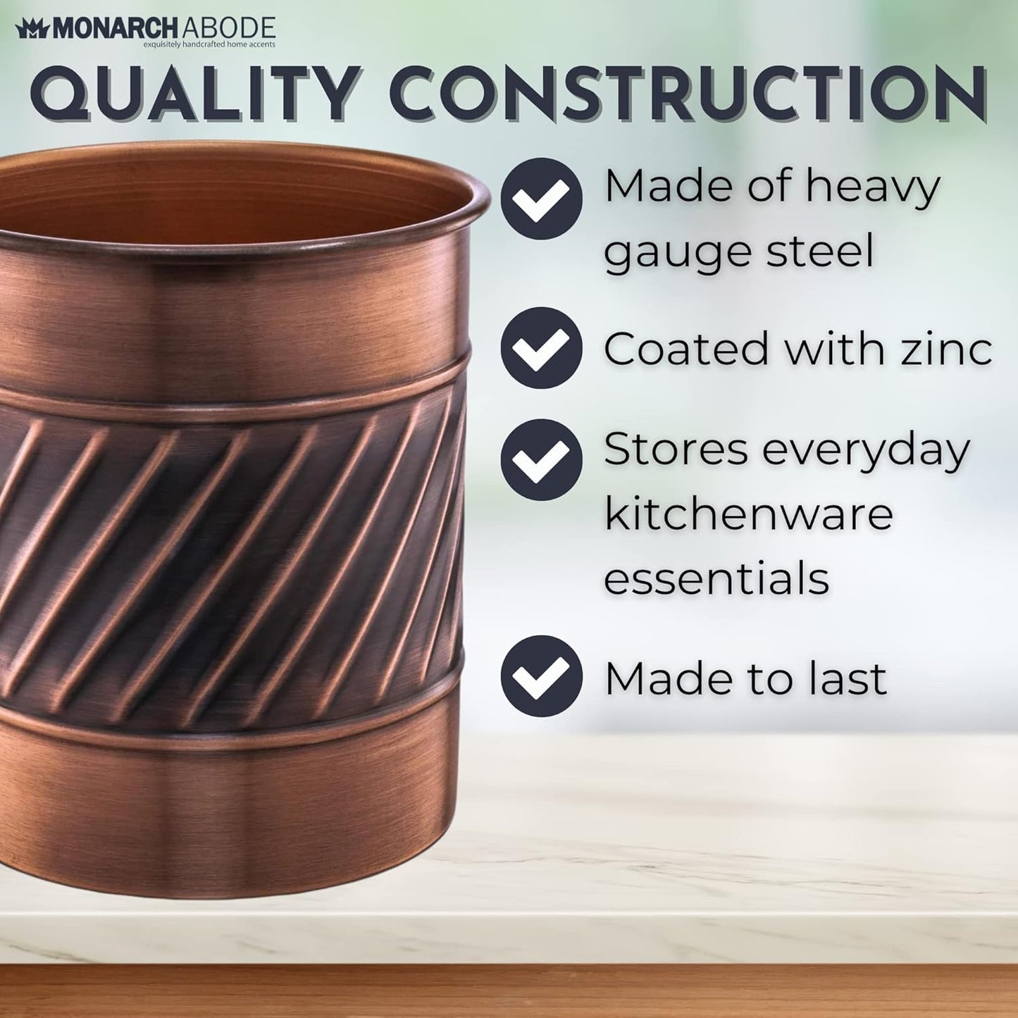 Monarch Abode Kitchen Utensil Holder – Wave Embossed Metal Antique Copper Utensil Holder, Decorative Utensil Crock for Kitchen Counter, Cooking Tool and Spatula Holder for Countertop, Caddy Organizer
