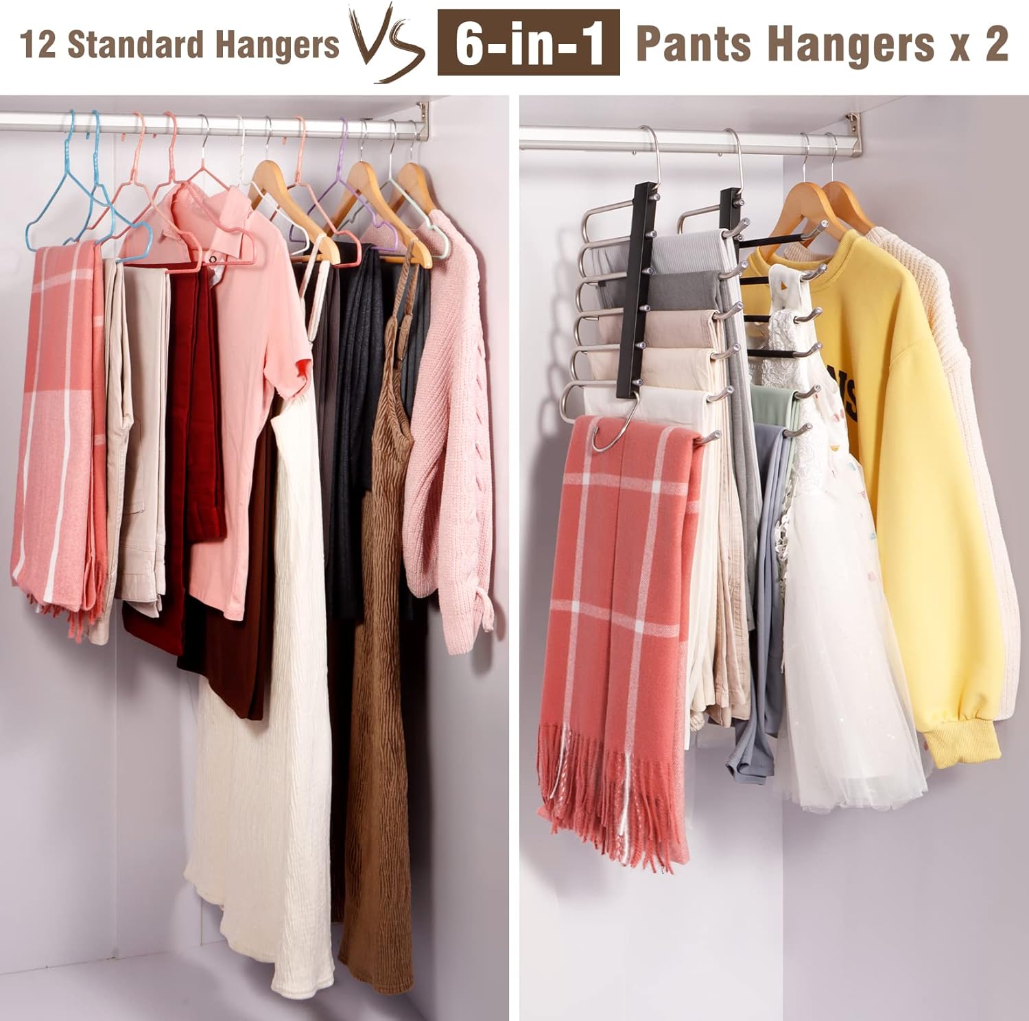 Space Saving 6 Tier Pant Hangers, Anti-Slip, Stainless Steel, 2 Pack, 