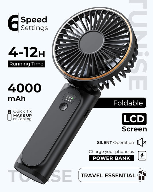Portable Handheld Fan, Portable Fan Rechargeable, 4000mAh, 180° Adjustable, 6 Speed Wind, Display Electricity in Real Time, USB Rechargeable Foldable F an, Quiet Personal Fan as Power Bank