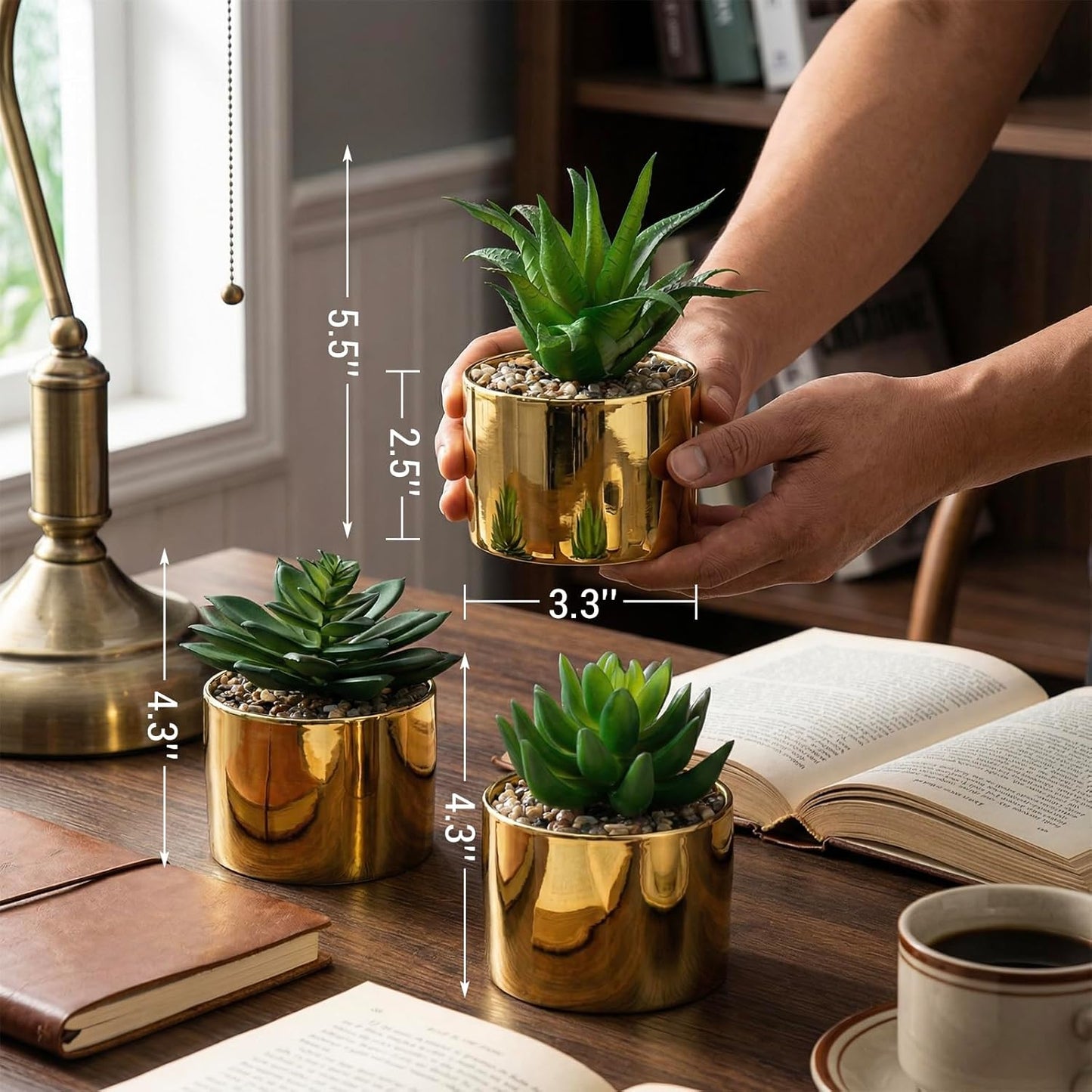 MyGift Set of 3 Artificial Succulent Decorations in Modern Brass-Tone Ceramic Planter Pots