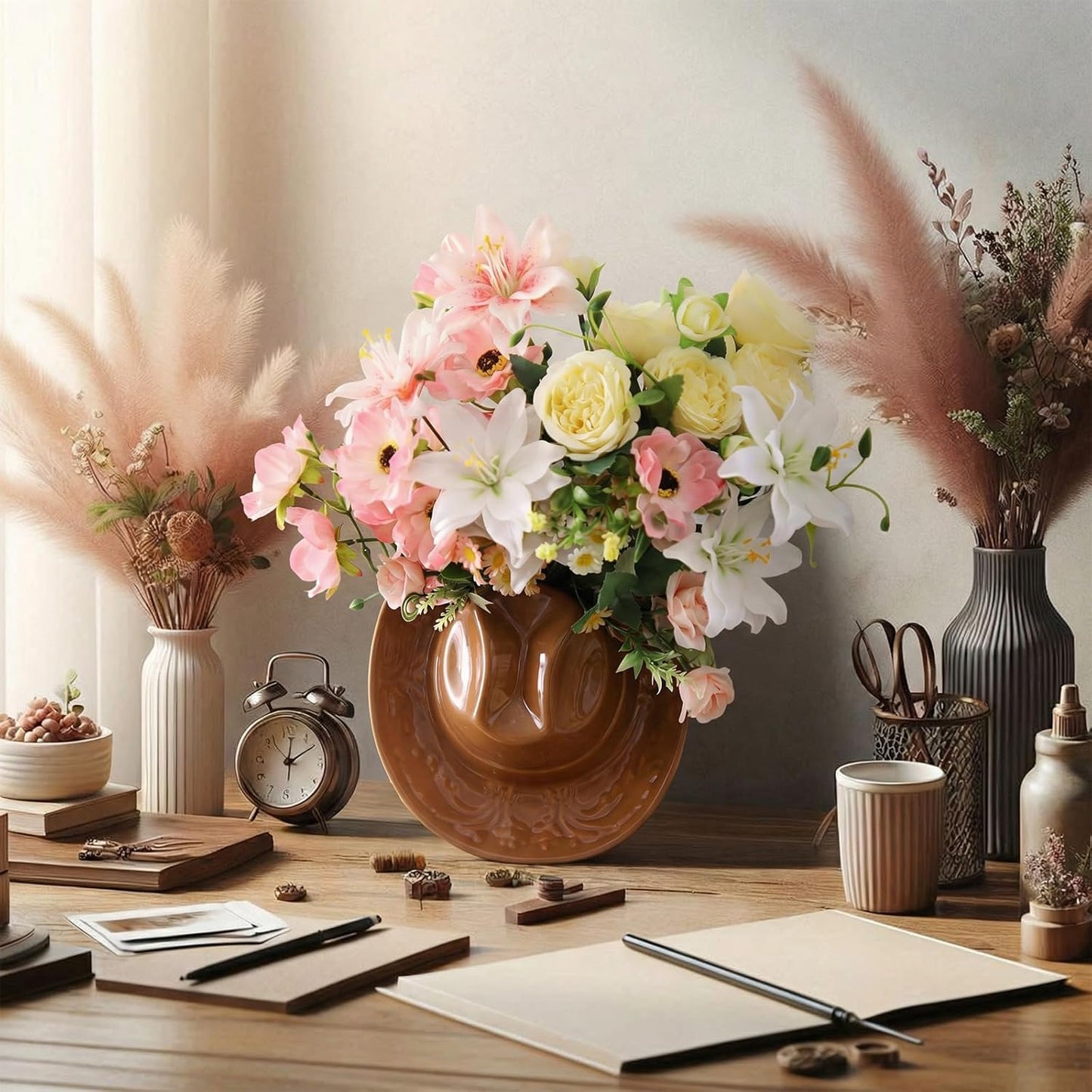 Ceramic Cowgirl Hat Vase Western Themed Hat Hanging Wall Indoor Planter Vase Flower Pot Cowboy Decoration Cowboy Party Table Centerpiece for Bathroom Living Room Office and Home Decor(Brown)