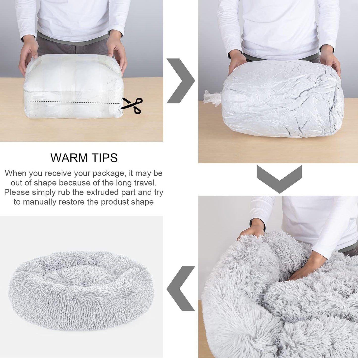 Dog Bed, Cat Calming Bed, Faux Fur Pillow Pet Donut Cuddler Round Plus