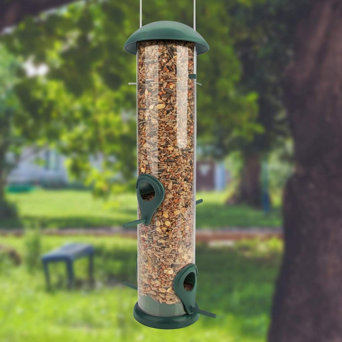 Green Grain Bird Feeder 12 Inches - With 4 Landing Spots for Birds - Hanging Bird Feeding Station - Grains Feeding Column - Wild Bird Feed Silo - Tube Bird Feeders for Outdoors Hanging