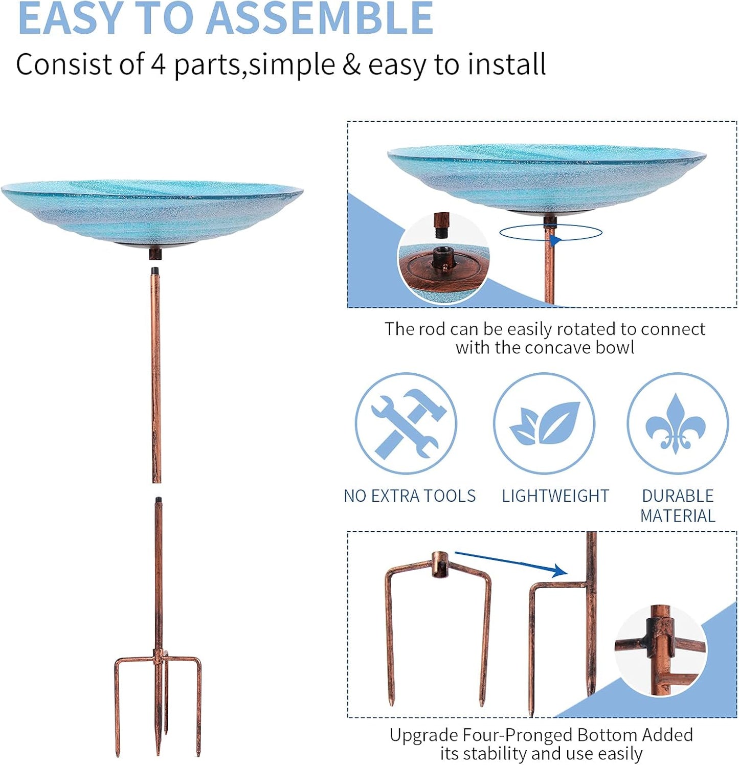 VCUTEKA Outdoor BirdBath Glass Bird Bath Garden Bird Feeder with Metal Stake