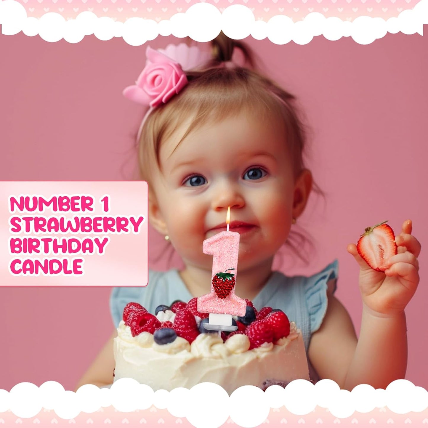Strawberry 1 Candle for First Birthday Pink Number 1 Candle Berry One Glitter Cake Topper for Strawberry 1st Birthday Party Supplies Anniversary Decorations