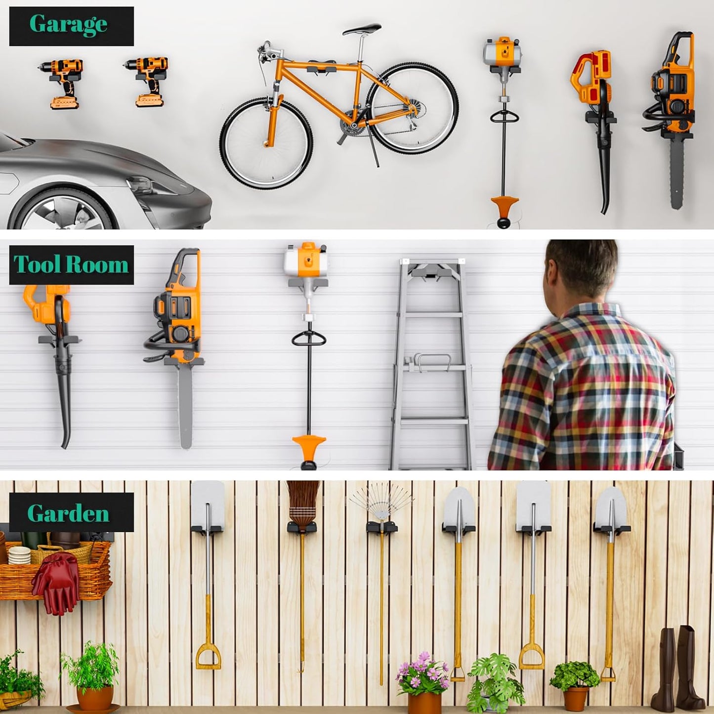 Weed Eater Hanger Garage Organizer Trimmer Rack, Weedeater Rack Wall Mount for Grass Trimmer, Garden Power Tool Holder Organizer for Grass Trimmer Hedge Trimmer (Black-2Pcs)