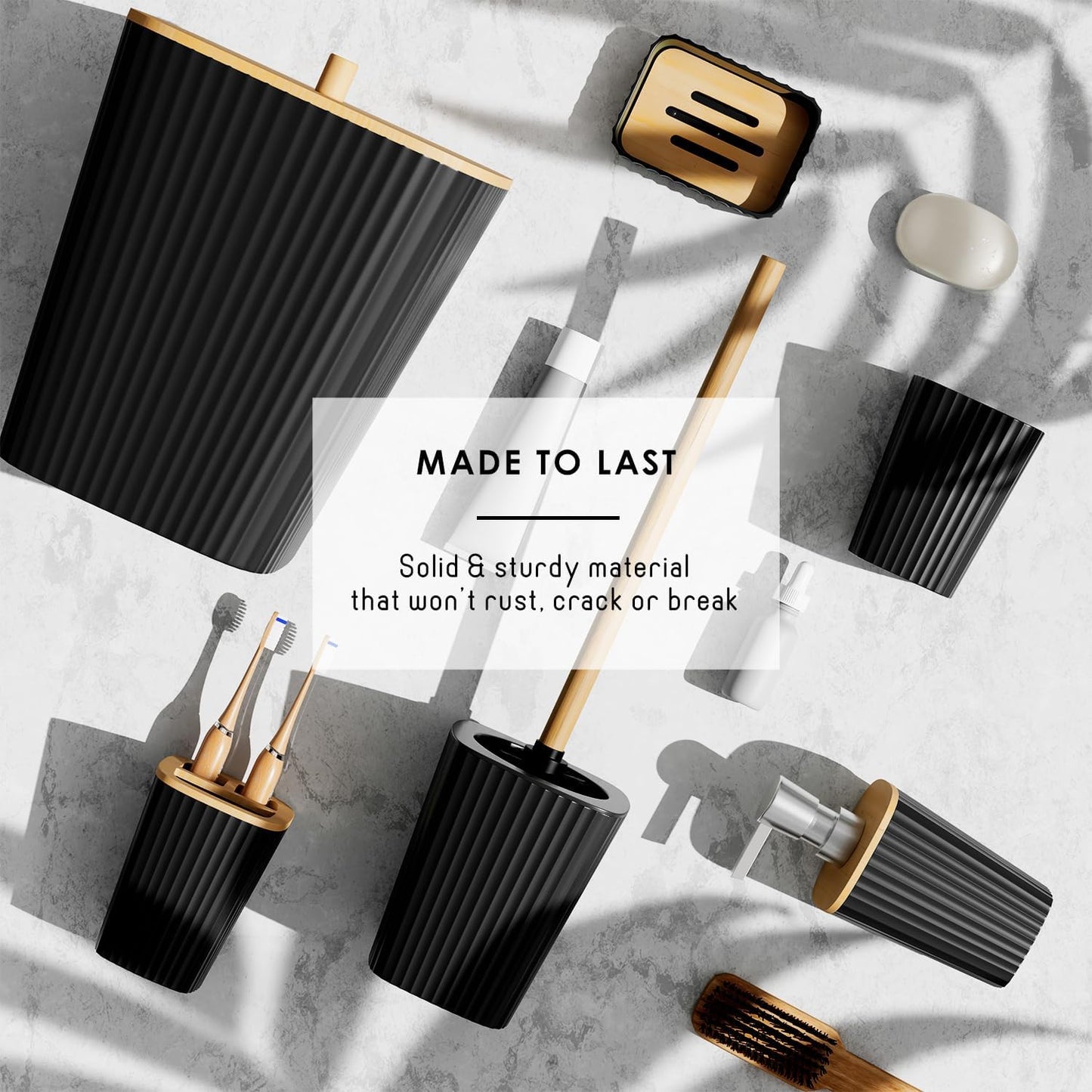 Clara Clark Bathroom Accessories Set - Bathroom Set, Bathroom Accessory Set, Shower Curtain Set, Toilet Brush, Trash Can & Soap Dispenser - Black - 20PC