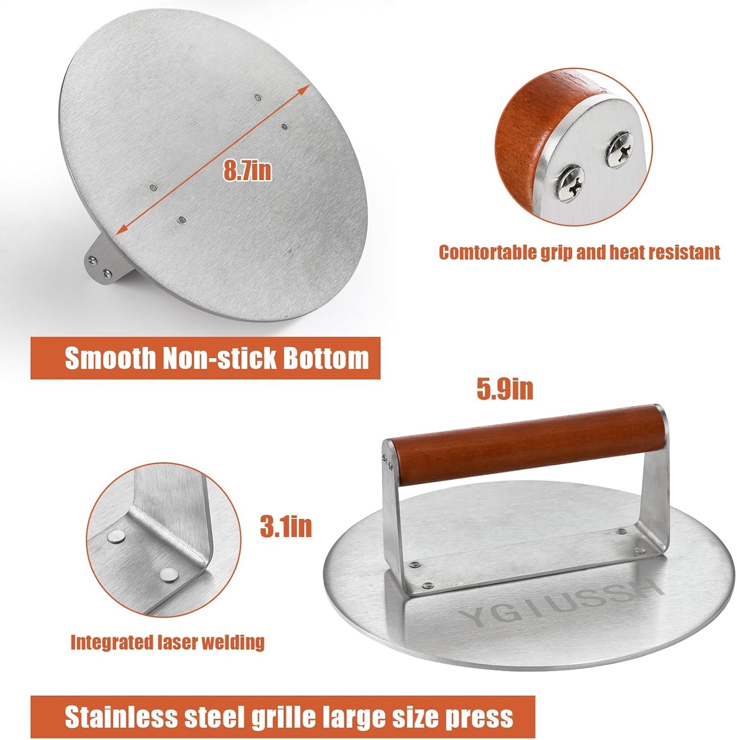 8.7 Inch Heavy-Duty Grill Press with Beech Wood Handle Stainless Steel Bacon Press Round Non-Stick Hamburger Press Weight Burger Smasher for Perfectly Seared Bacon Steak & Sandwiches