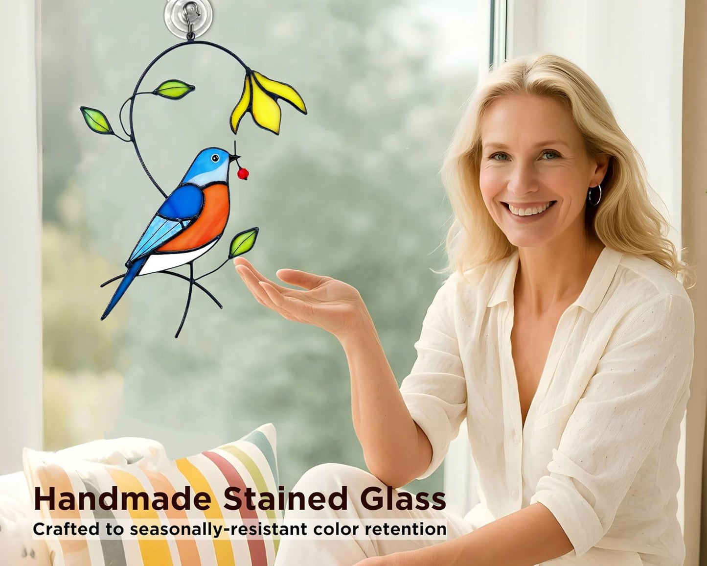 Bluebird Flower Stained Glass Window Hanging for Women, Mom, Grandma - Handmade Real Glass Bird Suncatcher - Elegant Gifts Box Home Decor (H7.7xW5.3 inch)