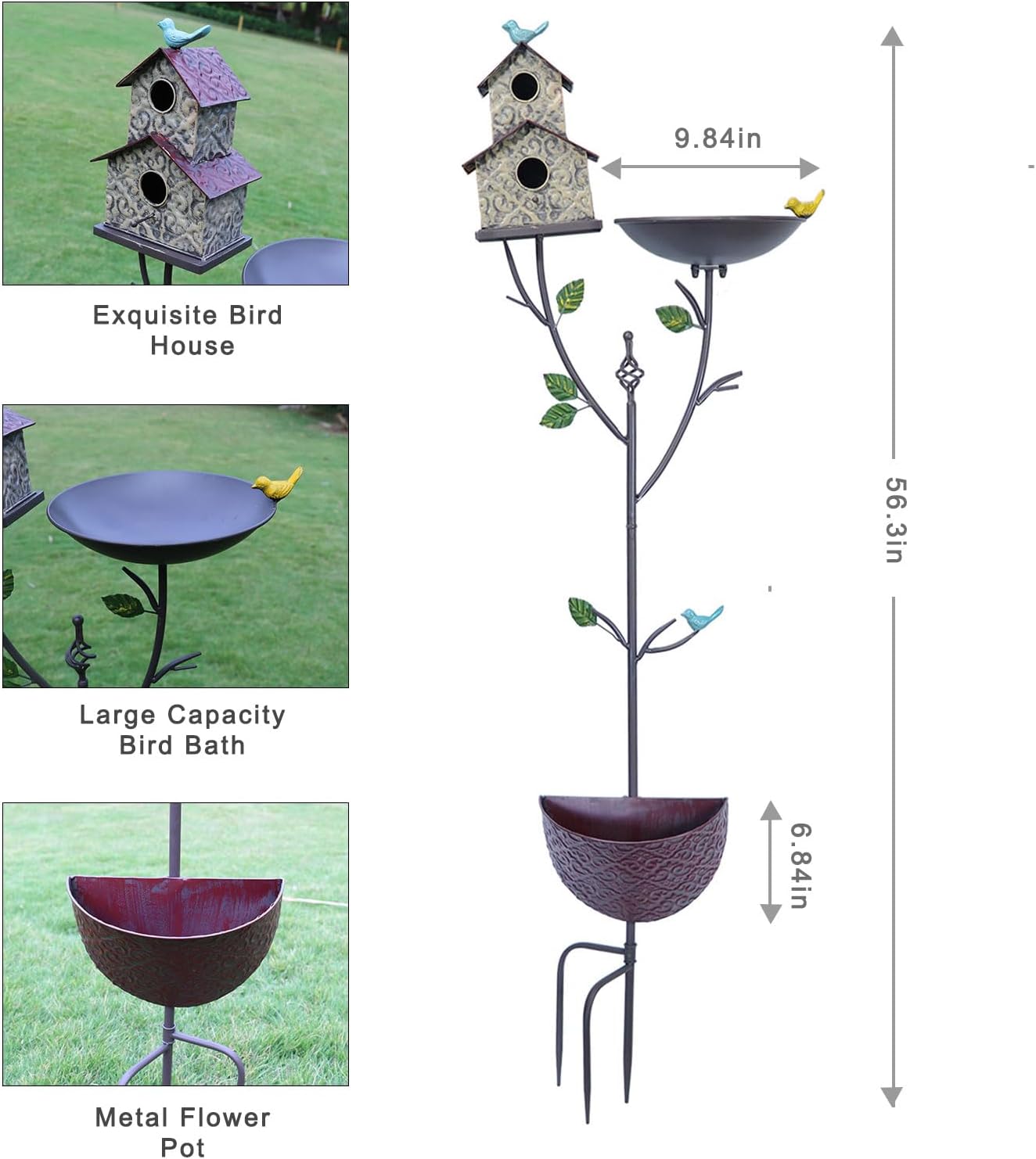 56.3 Inch Outdoor Bird Bath and Bird House Combo with Planting Pot, Metal Bird Bath with Bird House and Planting Pot 3 in 1, Suitable for Garden Yard Terrace Decoration.