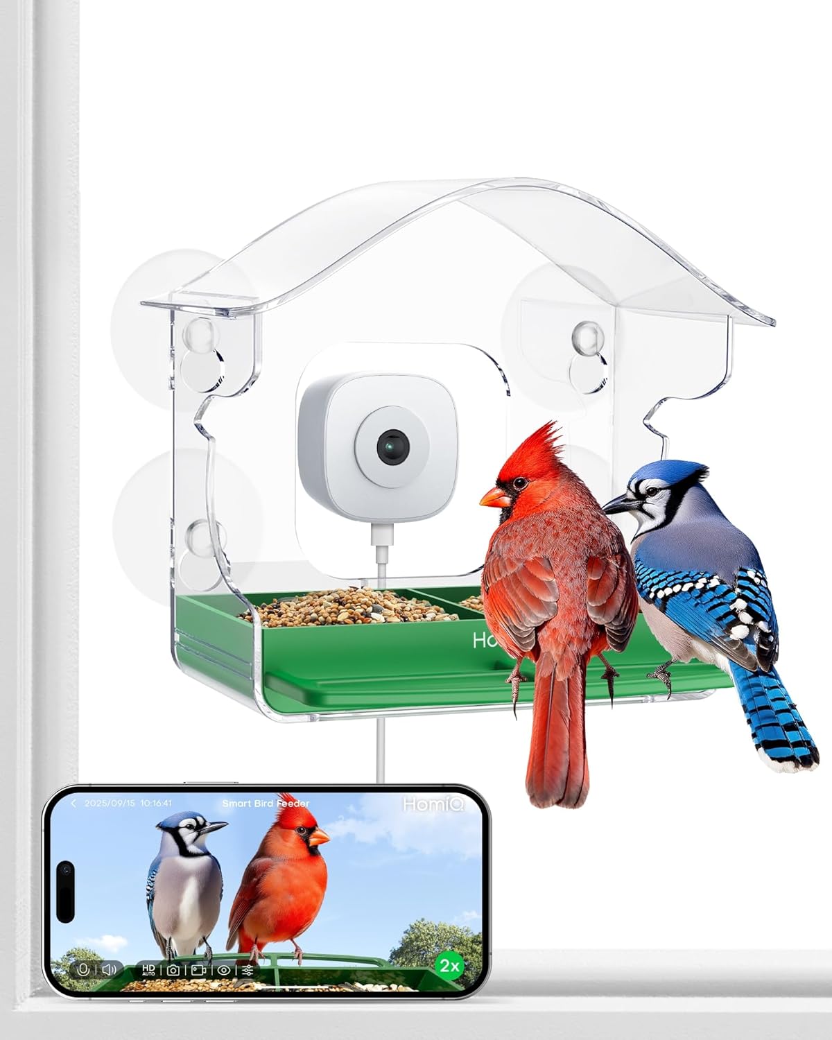 Smart Bird Feeder 2K HD 3MP Window Glass Camera Close-up, 2.4G &5Ghz W