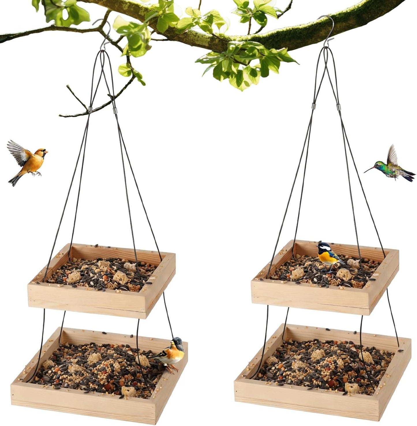 2 Pack 2 Tier Large Platform Bird Feeders for Outdoors, 10 Lbs Capacity in Total, Natural Wood Hanging Tray Bird Feeders for Garden Yard Outside Decoration Attracting for Wild Birds