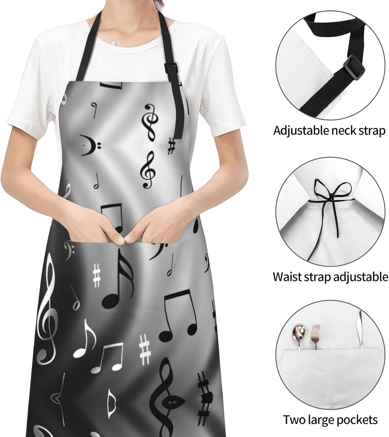 Music Notes Print Print Laundry apron 28x33 In Waterproof Kitchen Apron with Pockets for Cooking Baking
