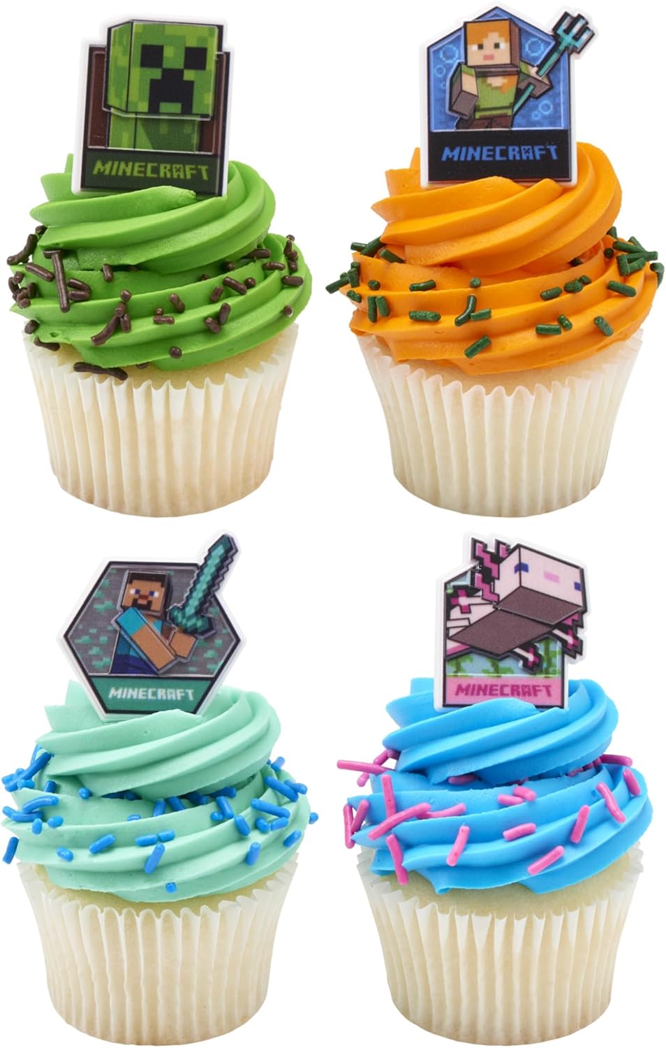 DecoPac Minecraft Lush Finds Rings, Cupcake Decorations Featuring Creeper, Alex, Steve and Axolotl! Multicolored 3D Food Safe Cake Toppers – 24 Pack