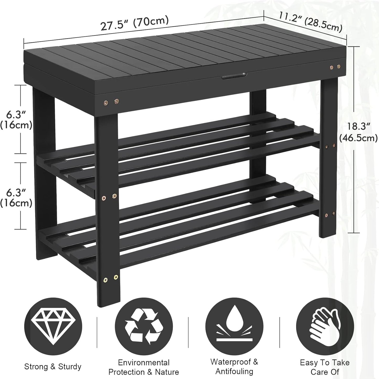 BAMBUROBA Shoe Rack Bench for Entryway,3-Tier Bamboo Small Bench with Storage Drawer,Shoe Shelf Organizer Indoor Outdoor Use,Black