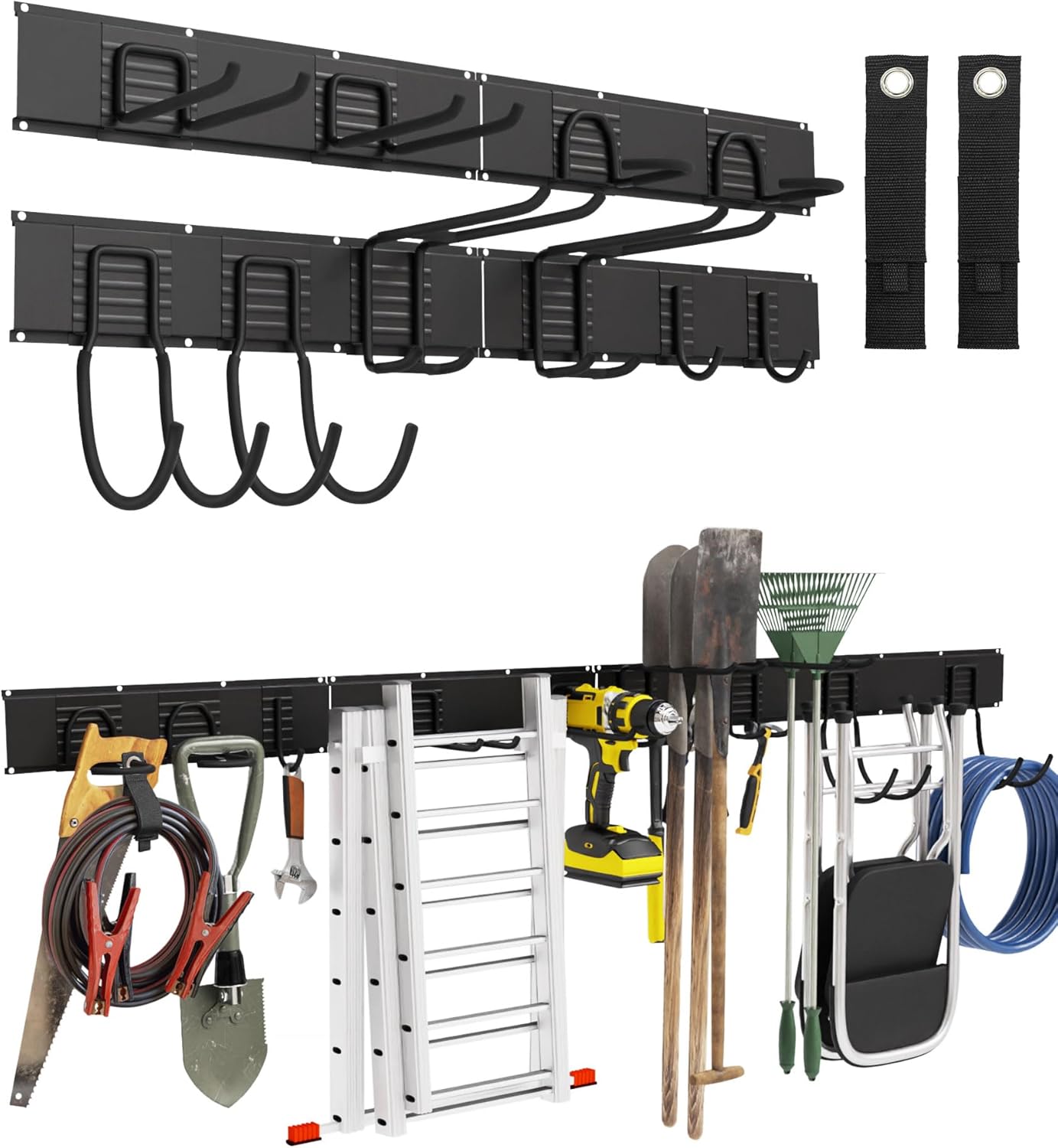 64" Heavy Duty Garage Tool Organizer Wall Mount with 10 Adjustable Metal Hooks, Storage Rack for Garage Organization, Garden Tools, Yard, and Shed Storage, Holds up to 660 lbs