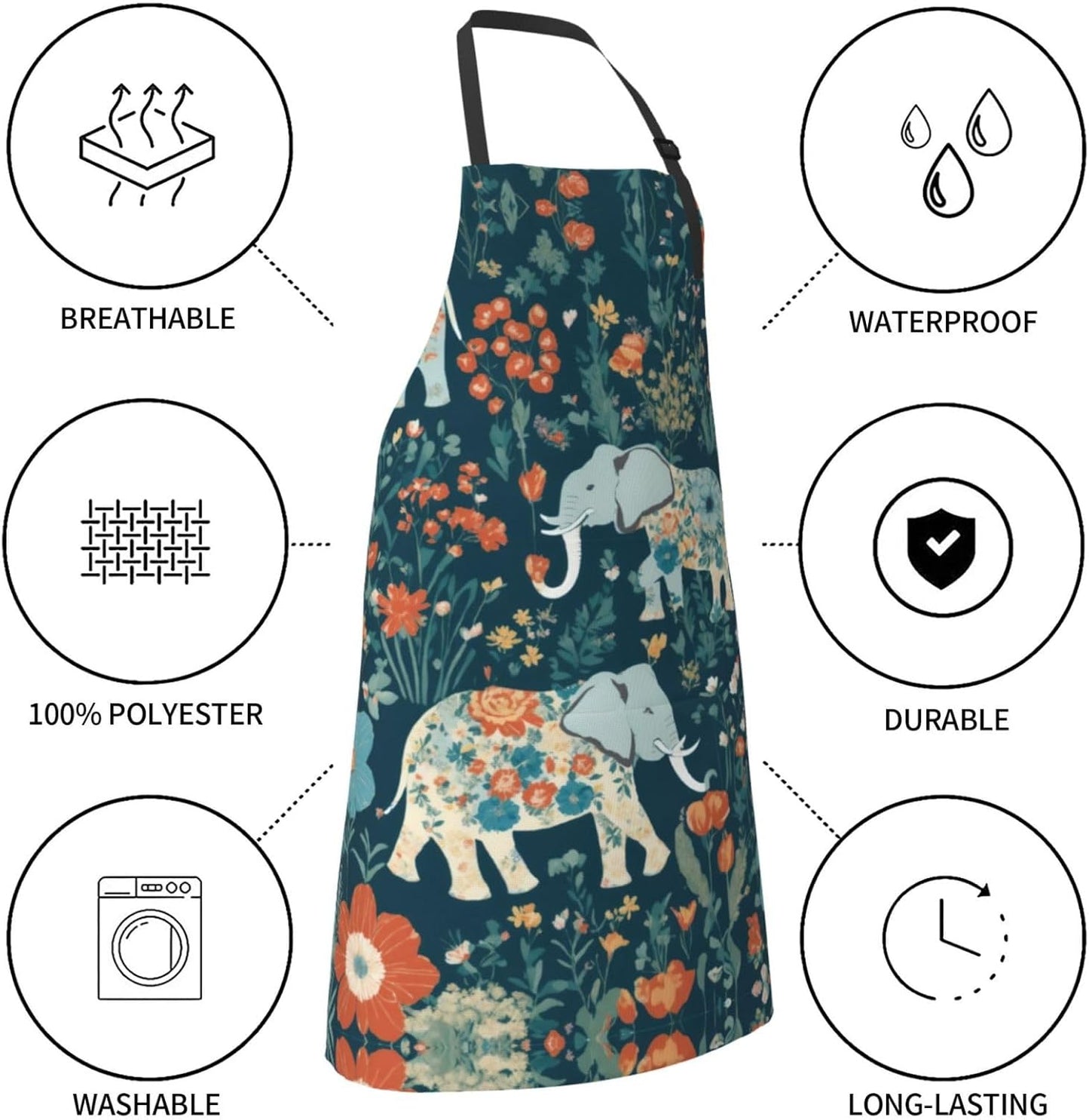 Gorgeous meadows pattern with floral elephant in Print Laundry apron 28x33 In Waterproof Kitchen Apron with Pockets for Cooking Baking