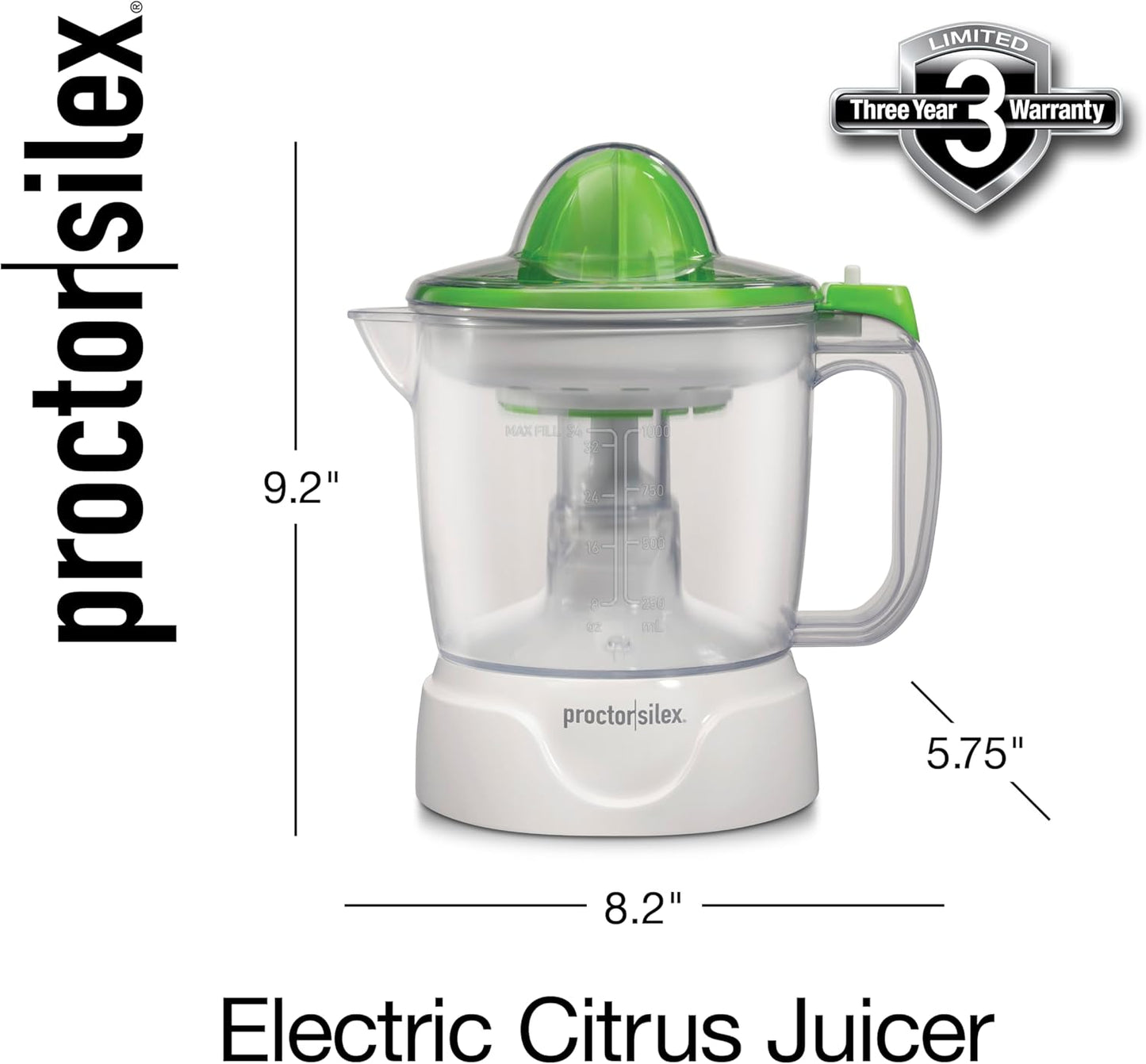 Proctor Silex Electric Citrus Juicer Machine, Large 34 oz. Pitcher, Pressure Activated, 2 Reamers for Big and Small Fruit, Pulp Control, for Orange, Lemon, Grapefruit Juice, White & Green (66340)