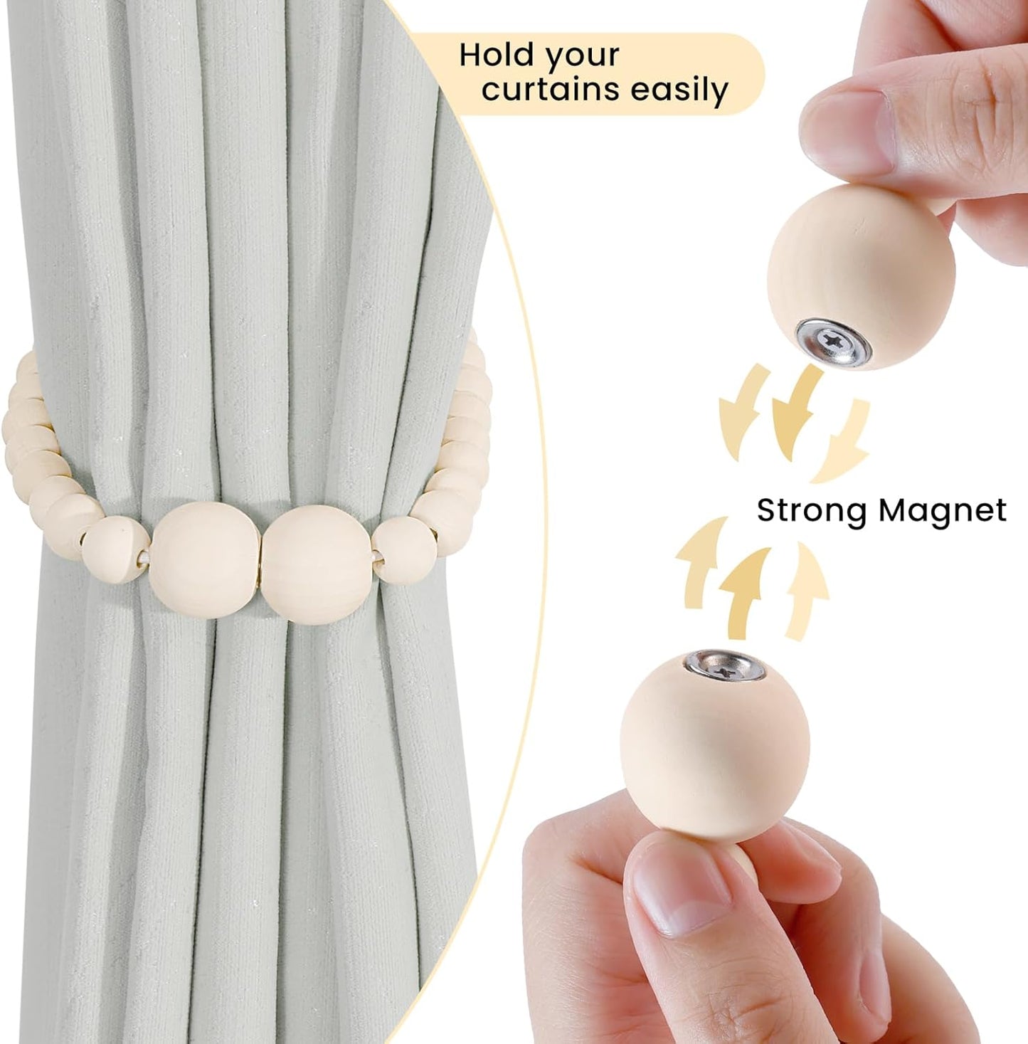 Magnetic Curtain Tiebacks, 2 Pack Curtain Holdbacks for Draperies, Wood Bead Curtain Tiebacks, Elegant Curtain Tie Backs for Bedroom Decor, Boho Room Decor, Nursery Decor, Farmhouse Decor