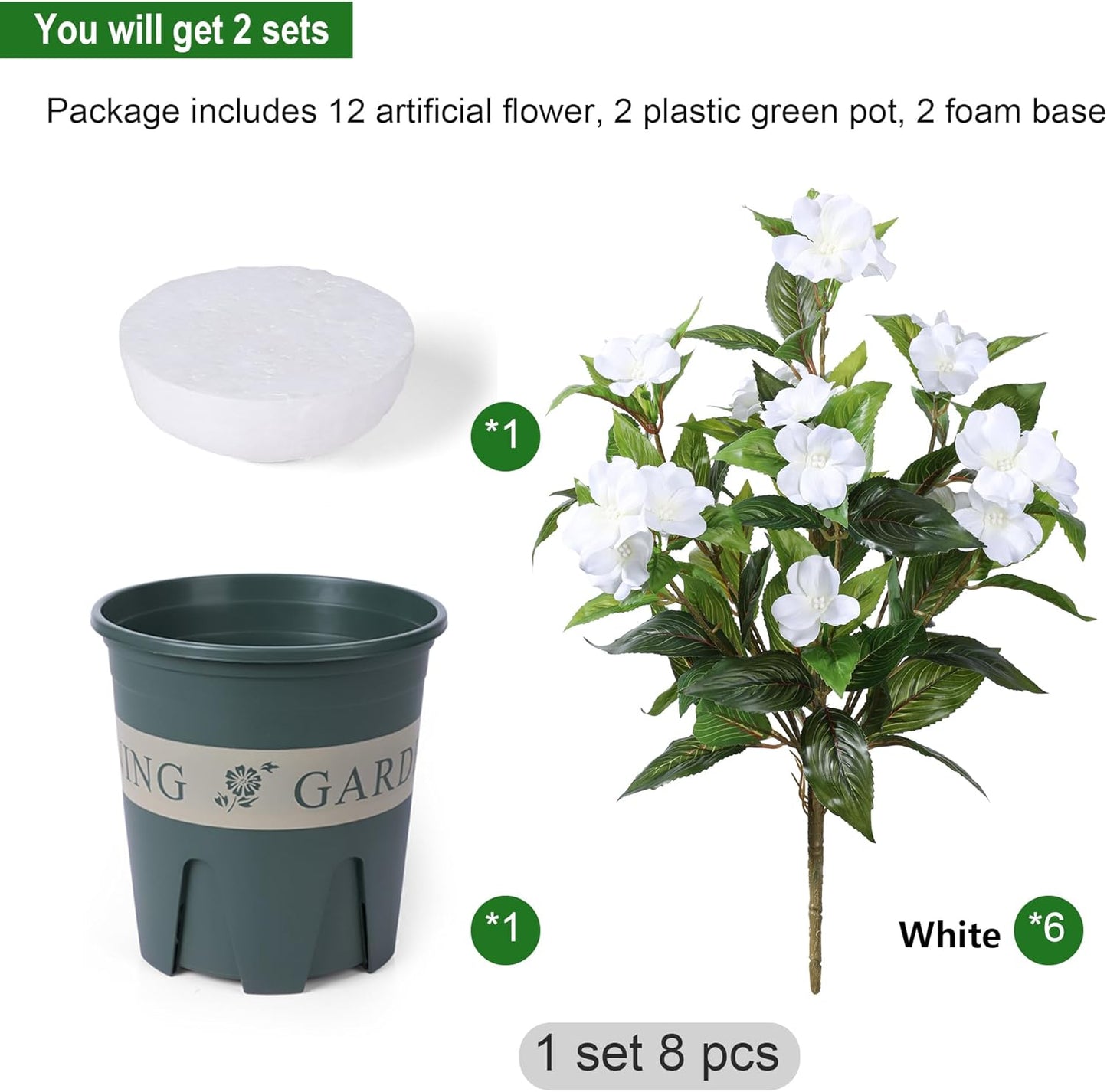 12 Bundles Artificial Impatiens Flowers for Outdoors 20'' Fake Potted Flower 2 Set Quality UV Resistant Realistic Silk Faux Flowers for Outside Balcony Garden Window Box, White