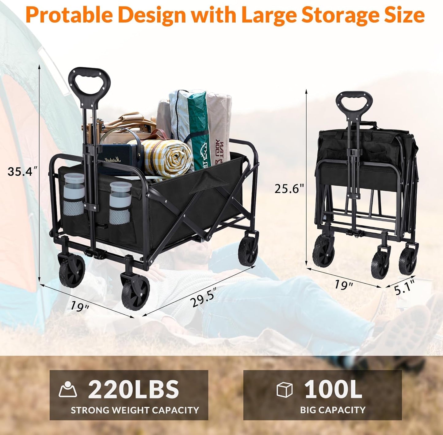 Collapsible Foldable Wagon Cart,Utility Beach Cart with Drink Holders Large Capacity Protable Grocery Wagon for Garden Shopping Outdoor Camping (Black, 250lbs)