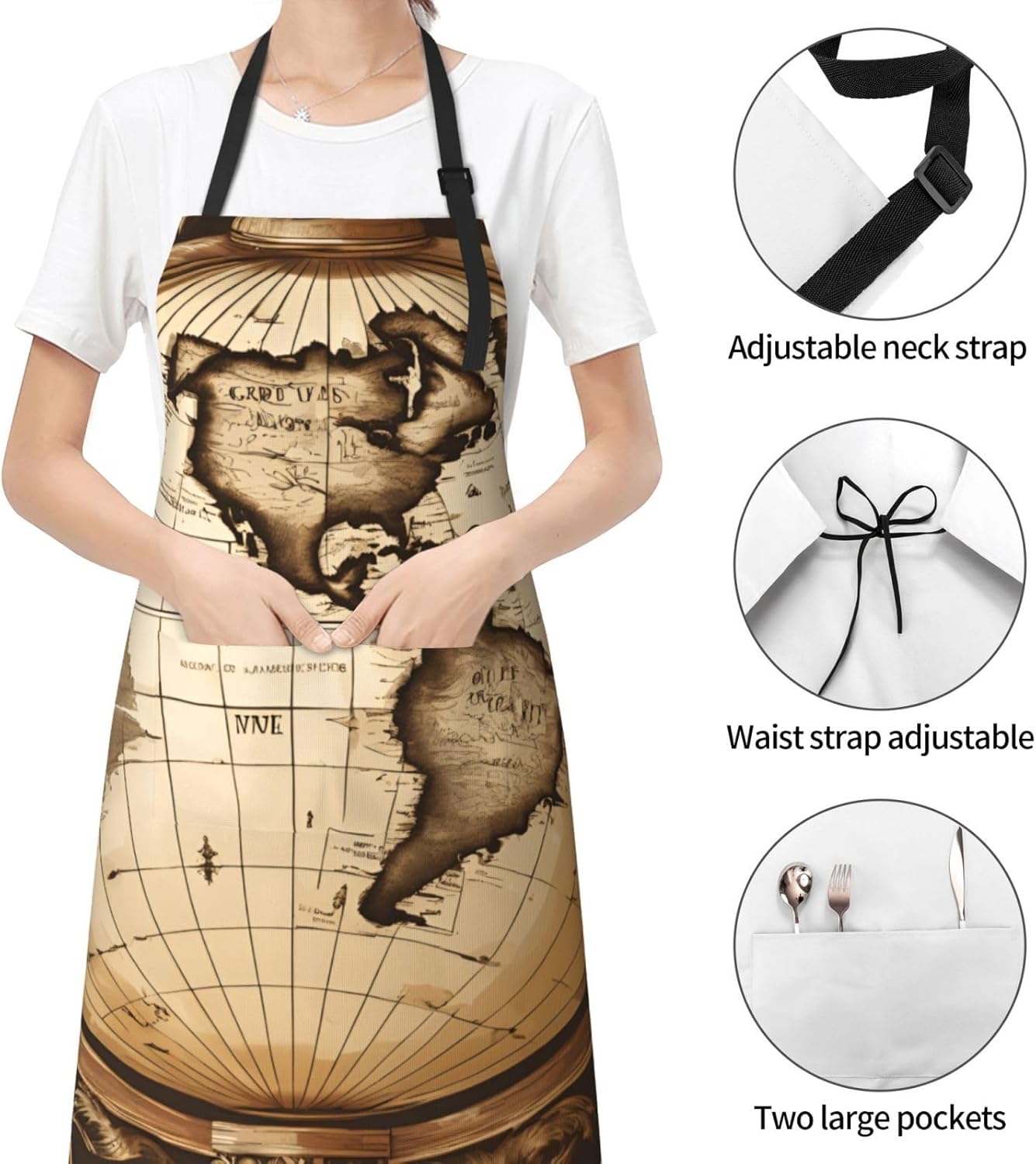 YANYU Ancient Map World Globe Print 28x33 In Kitchen Apron Stylish Che