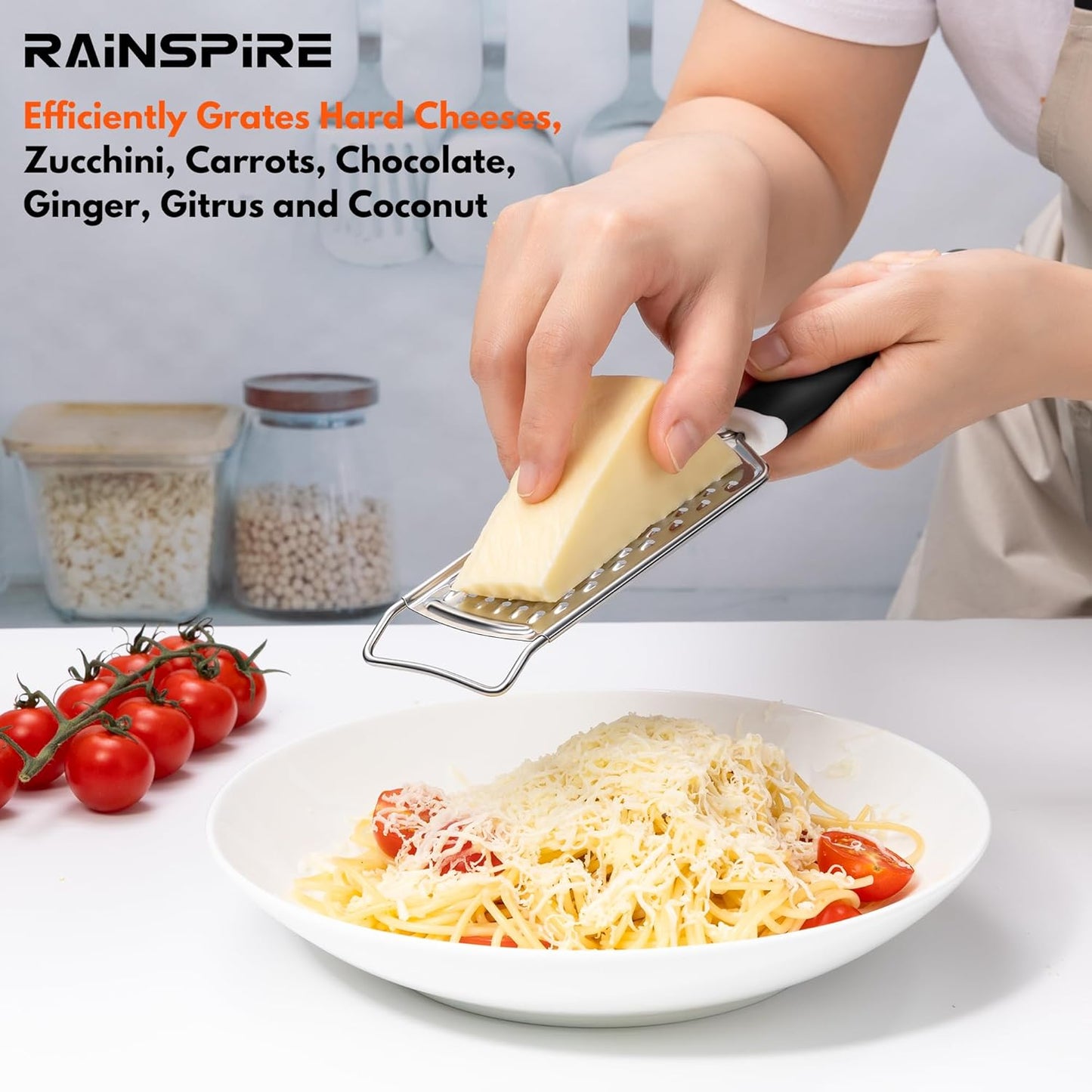 Rainspire 주방용 전문 치즈 강판, 스테인리스 스틸 휴대용, 치즈, 초콜릿, 향신료, 주방 도구 및 도구용 손잡이가 달린 금속 레몬 제스터 강판, 부드러운 그립 핸들, 블랙