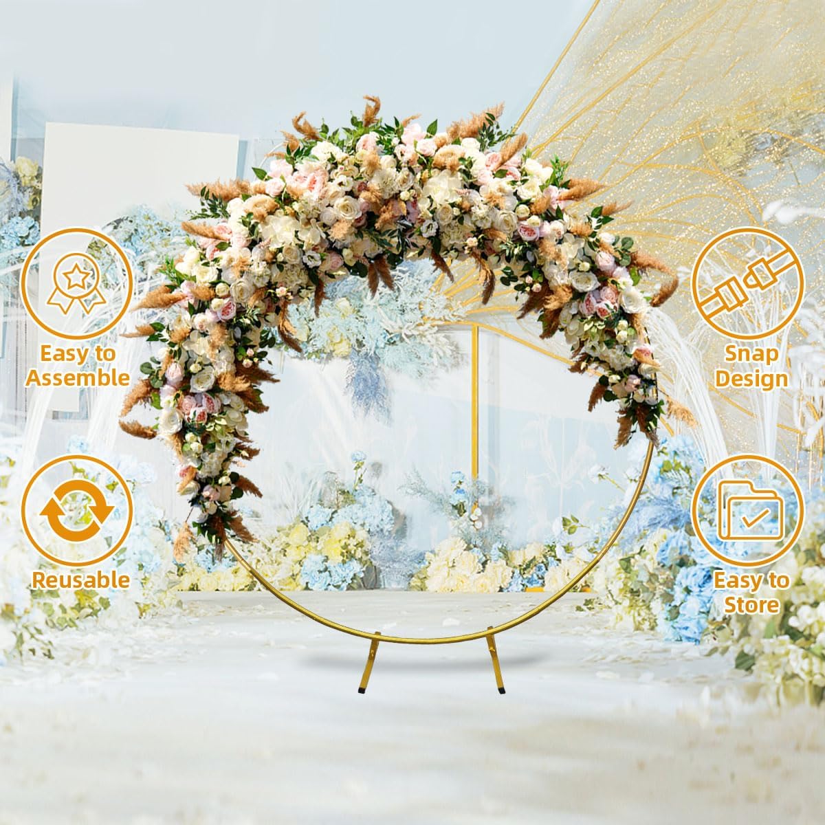 Round Backdrop Stand Circle Arch, 6.5ft Golden Metal Balloon Arch Kit for Party Decoration Wedding Arch Flower Ring Stand